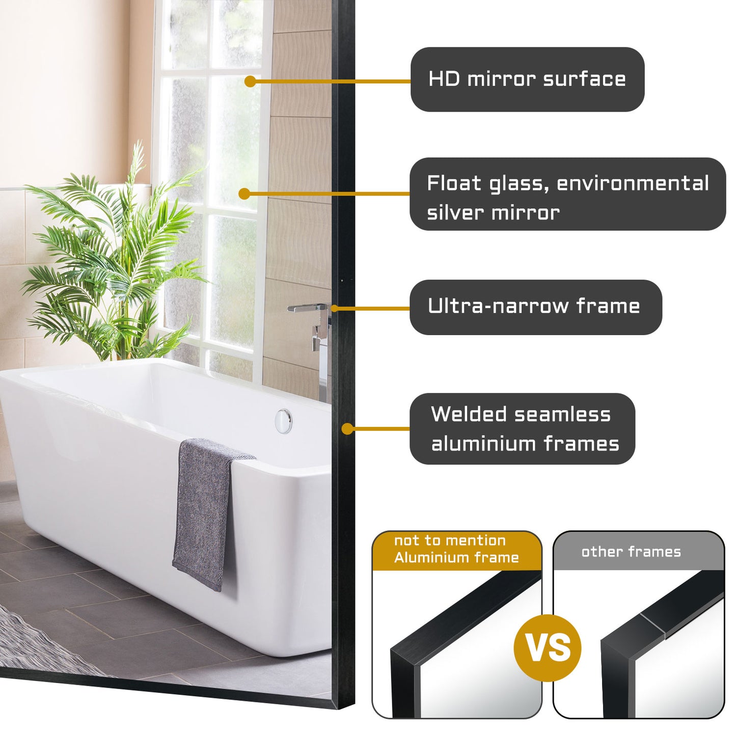 Black Metal Framed Wall Mirror for Bathroom, Home decoration, Makeup, Shaving