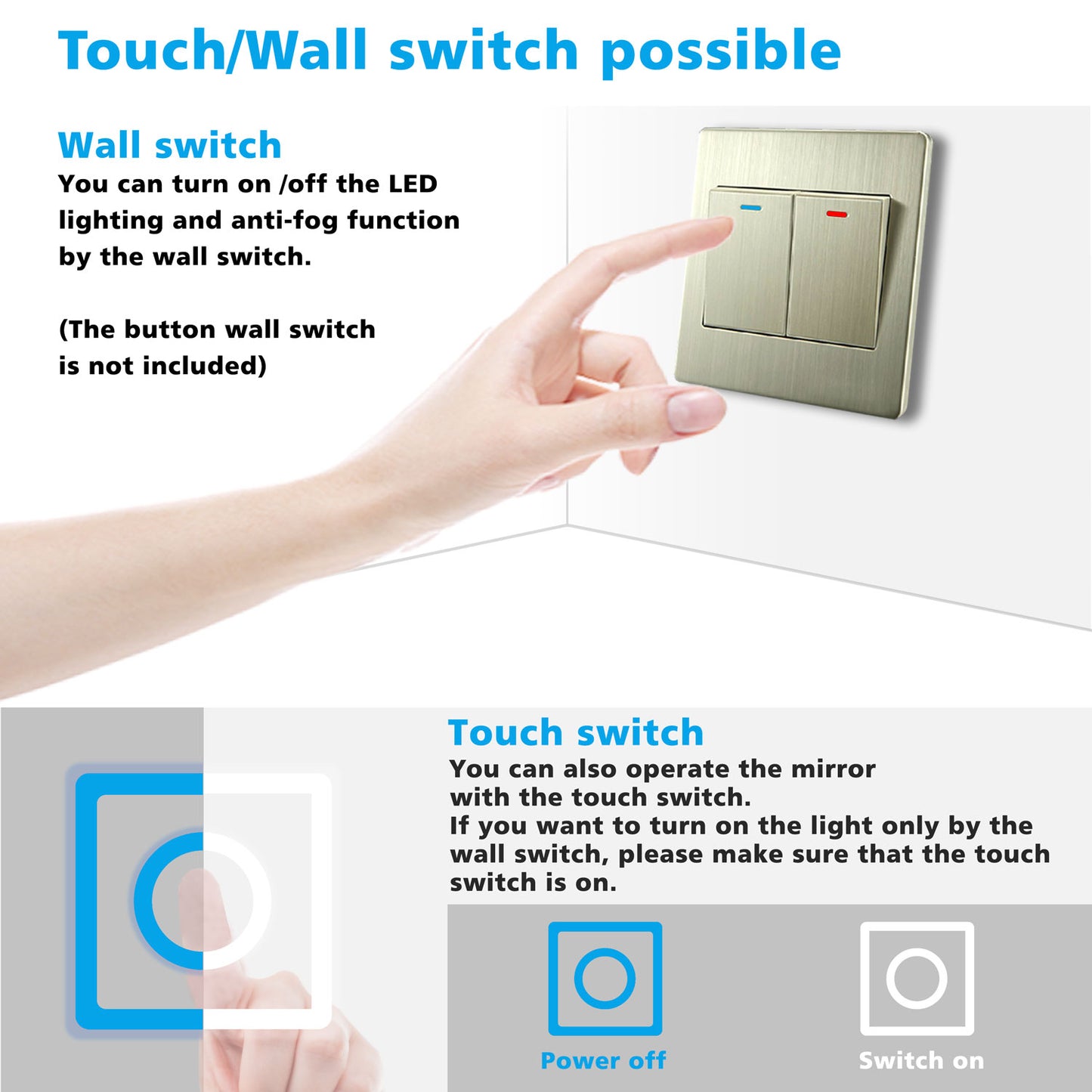 Illuminated Bathroom LED Mirrom with 3 Colours Lights Shaver Socket Demister Pad