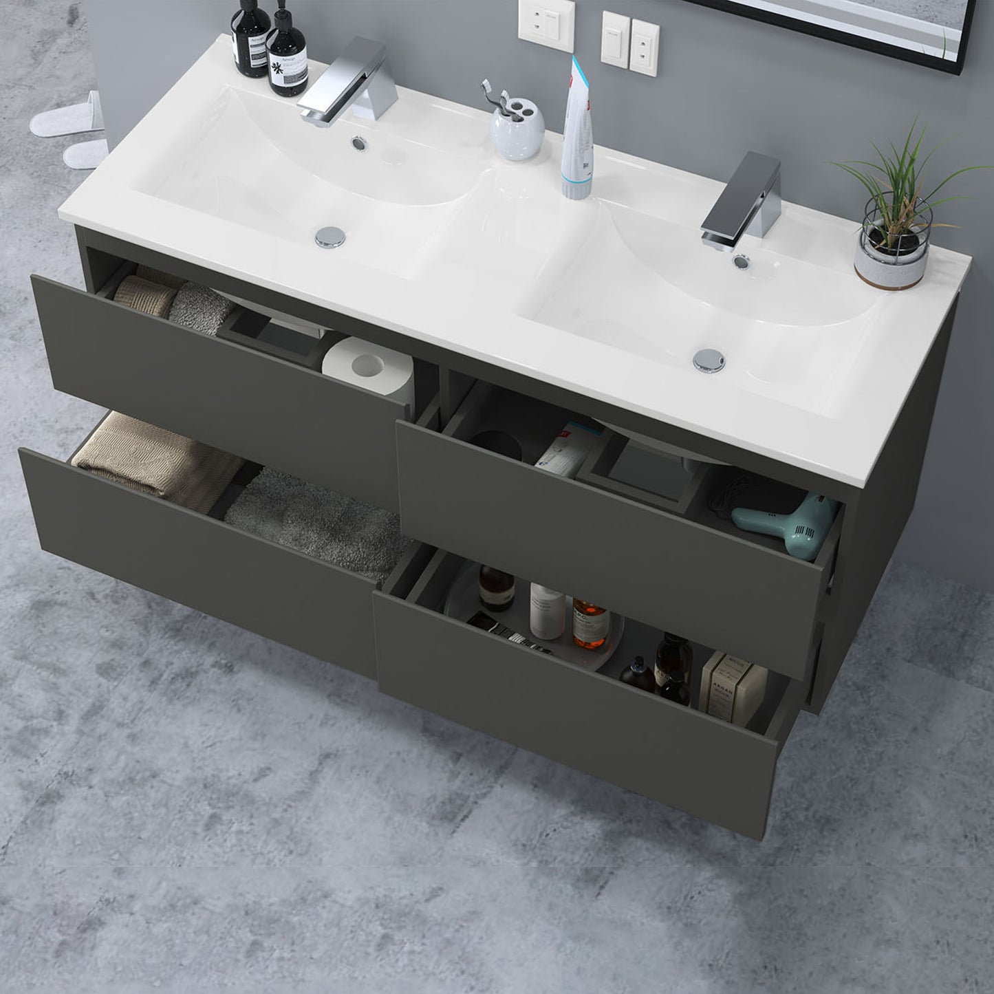 Glossy Vanity Unit, Wall Mounted, Detachable, Soft Close, Two/Four Drawer + Write Ceramic Basin