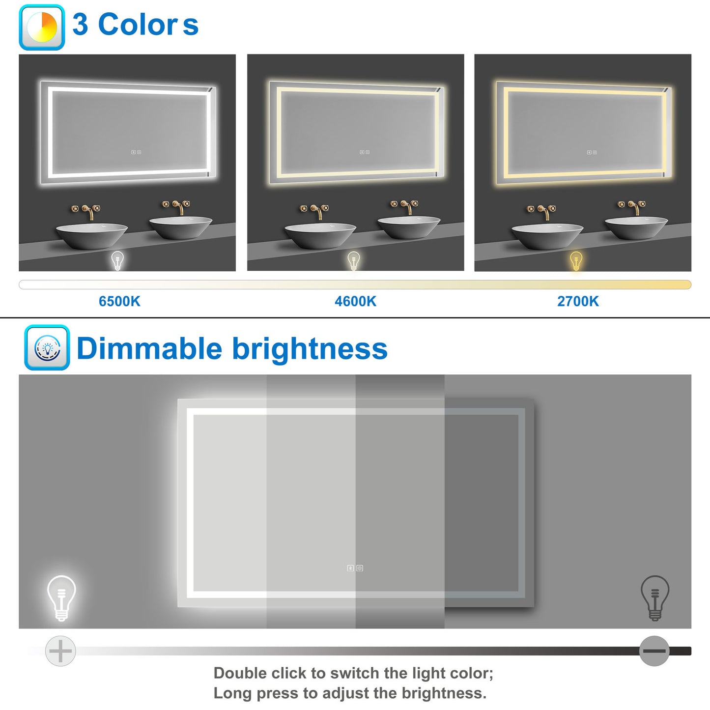 Bluetooth Bathroom Mirrom with 3 Colours LED Lights Shaver Socket Demister Pad