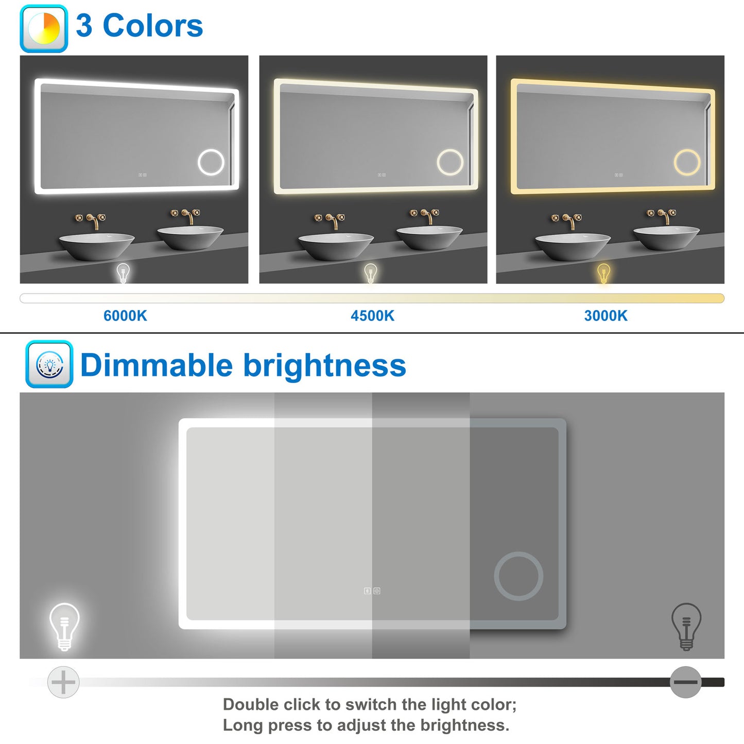 Bathroom Mirrom with Bluetooth 3 Colours LED Lights Shaver Socket Demister Pad Magnifier