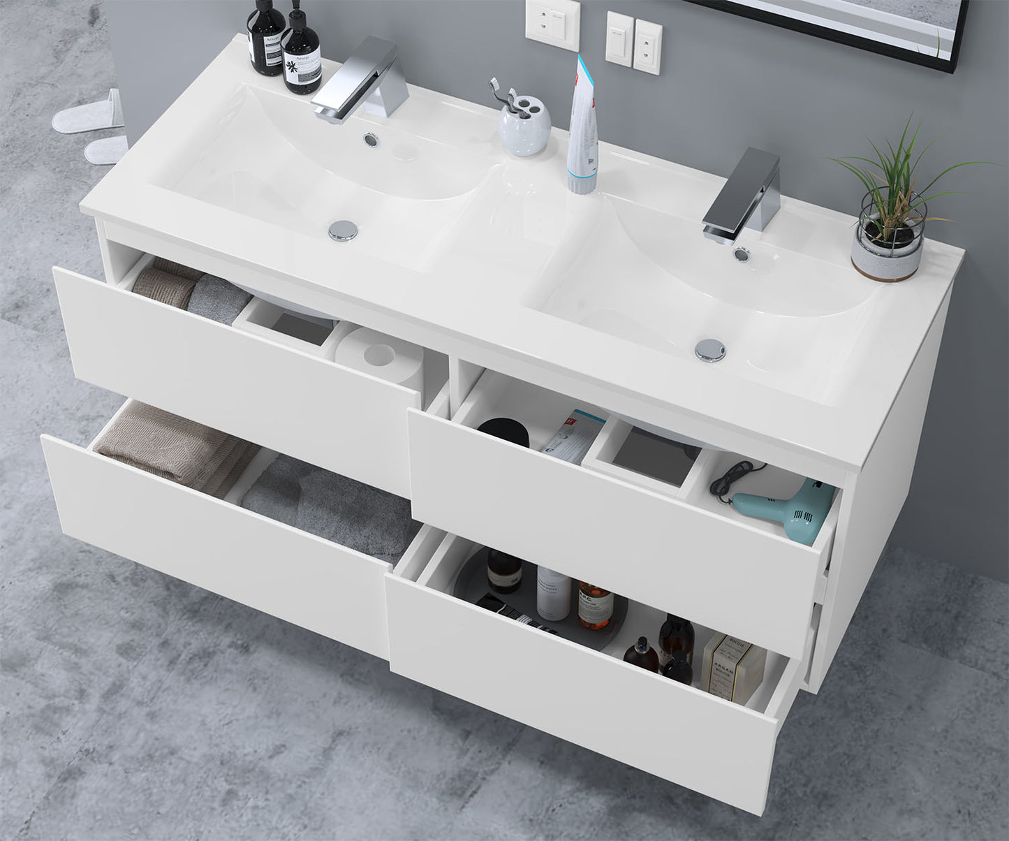 Glossy Vanity Unit, Wall Mounted, Detachable, Soft Close, Two/Four Drawer + Write Ceramic Basin