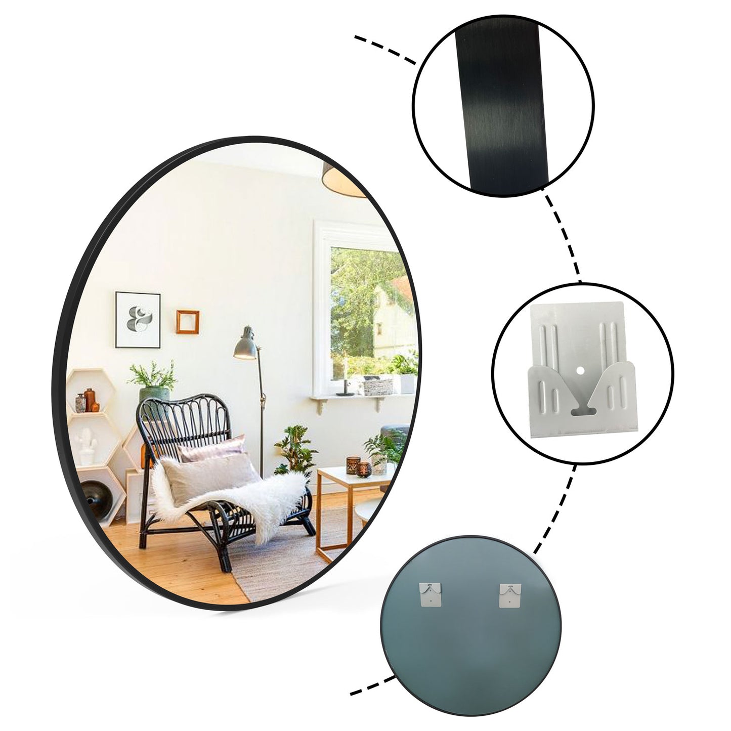 Round Wall Hanging Mirror with Black Frame for Bathroom, Home decoration, Makeup, Shaving