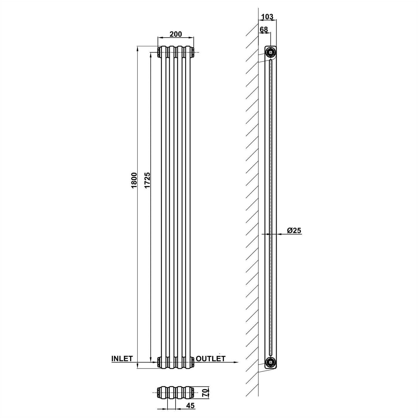 Traditional Vertical 1800x200mm 2 Columns Black Cast Iron Radiator dimension