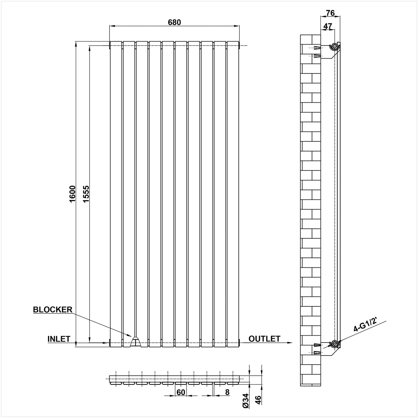 1600x680mm Single Anthracite Flat Panel Radiator Dimension