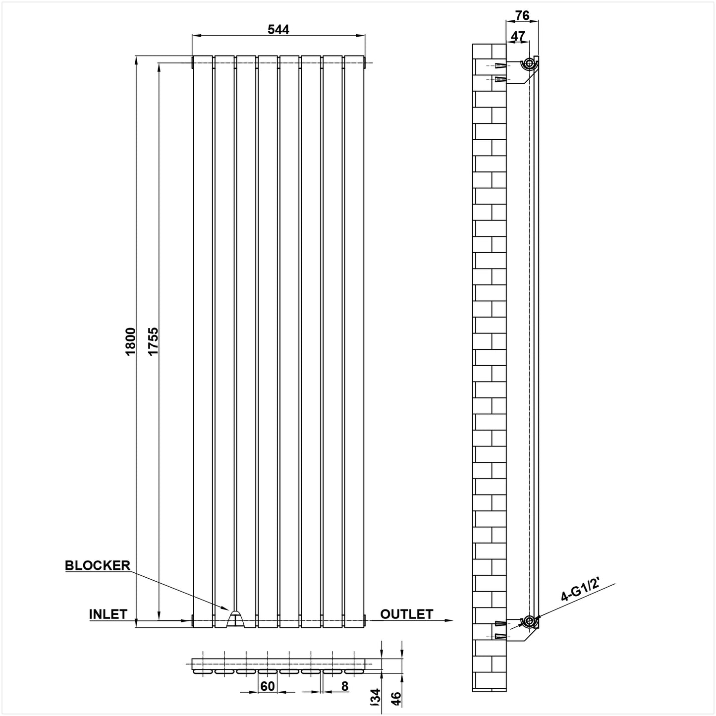 1800x544mm black single flat panel radiator dimension