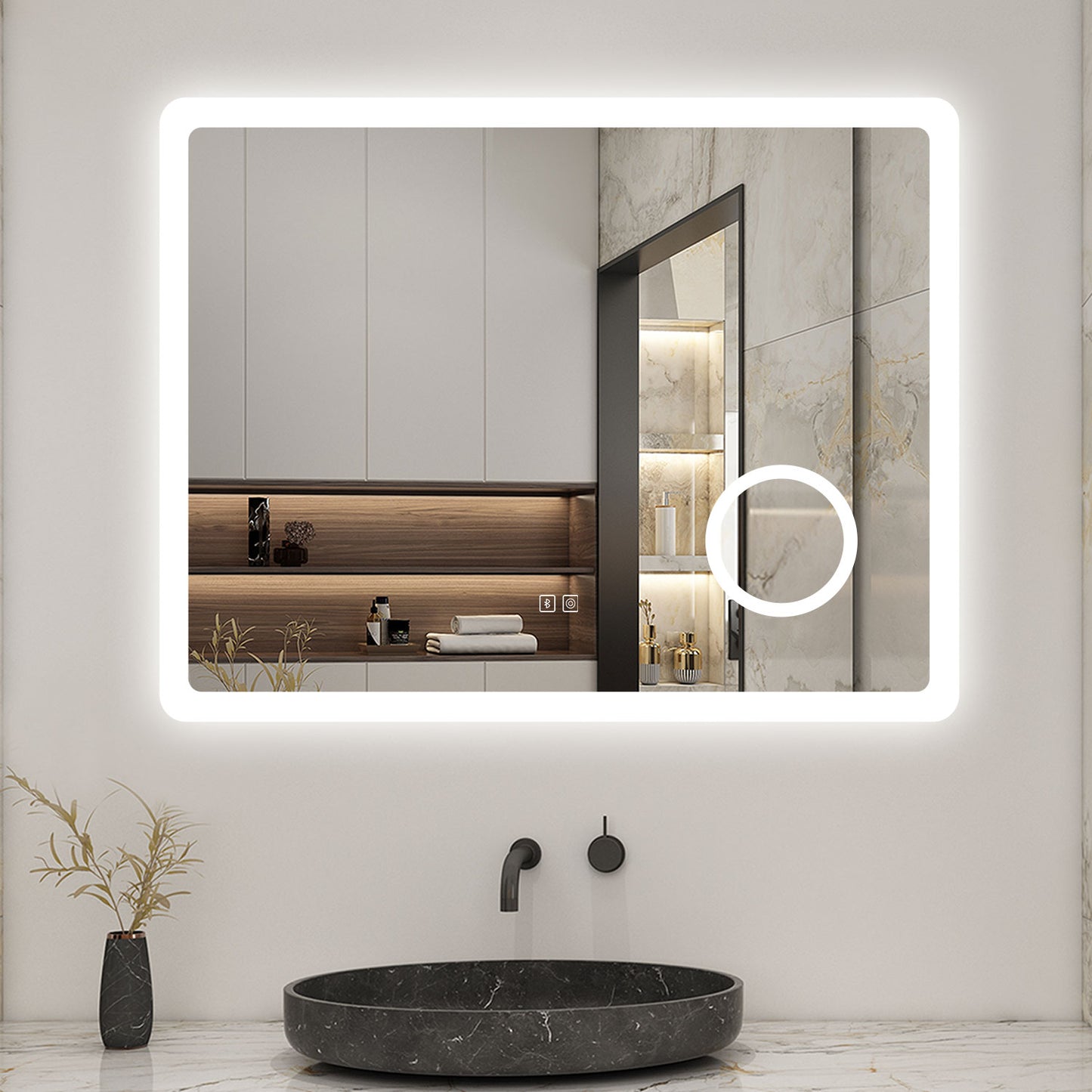 Bathroom Mirrom with Bluetooth 3 Colours LED Lights Shaver Socket Demister Pad Magnifier