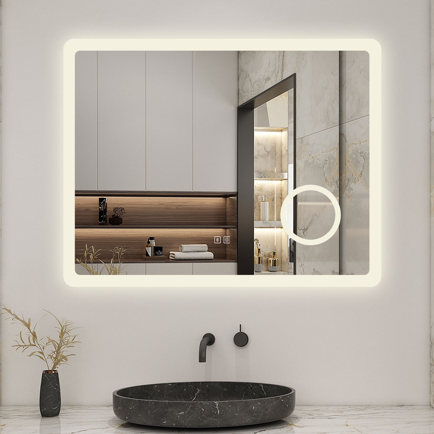 Bathroom Mirrom with Bluetooth 3 Colours LED Lights Shaver Socket Demister Pad Magnifier