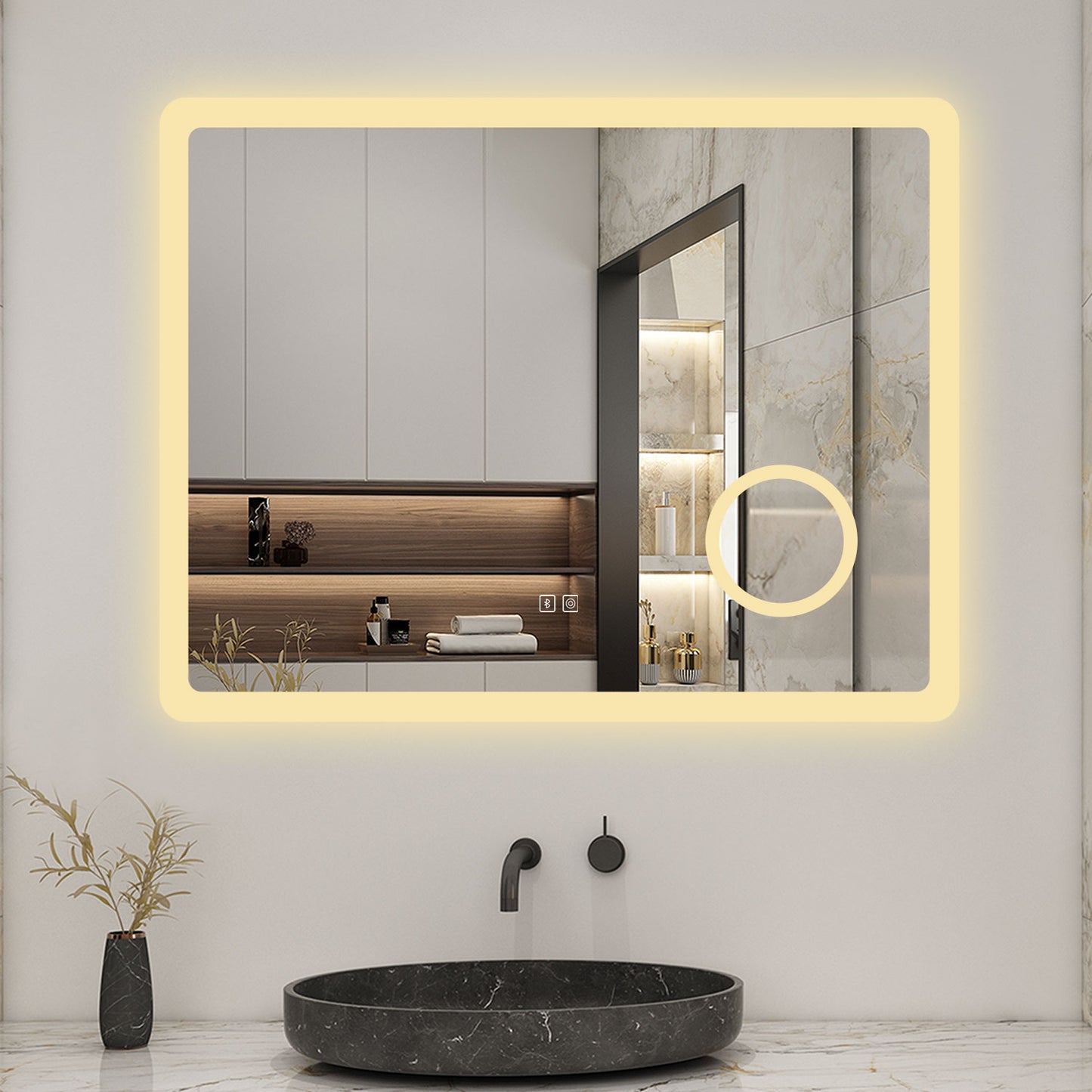 Bathroom Mirrom with Bluetooth 3 Colours LED Lights Shaver Socket Demister Pad Magnifier