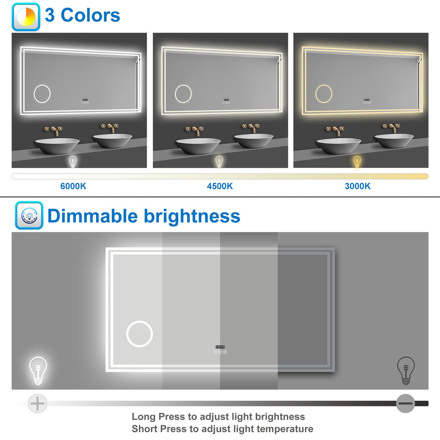 LED Bathroom Mirror with Bluetooth Dimmable Anti fog Magnifier Clock