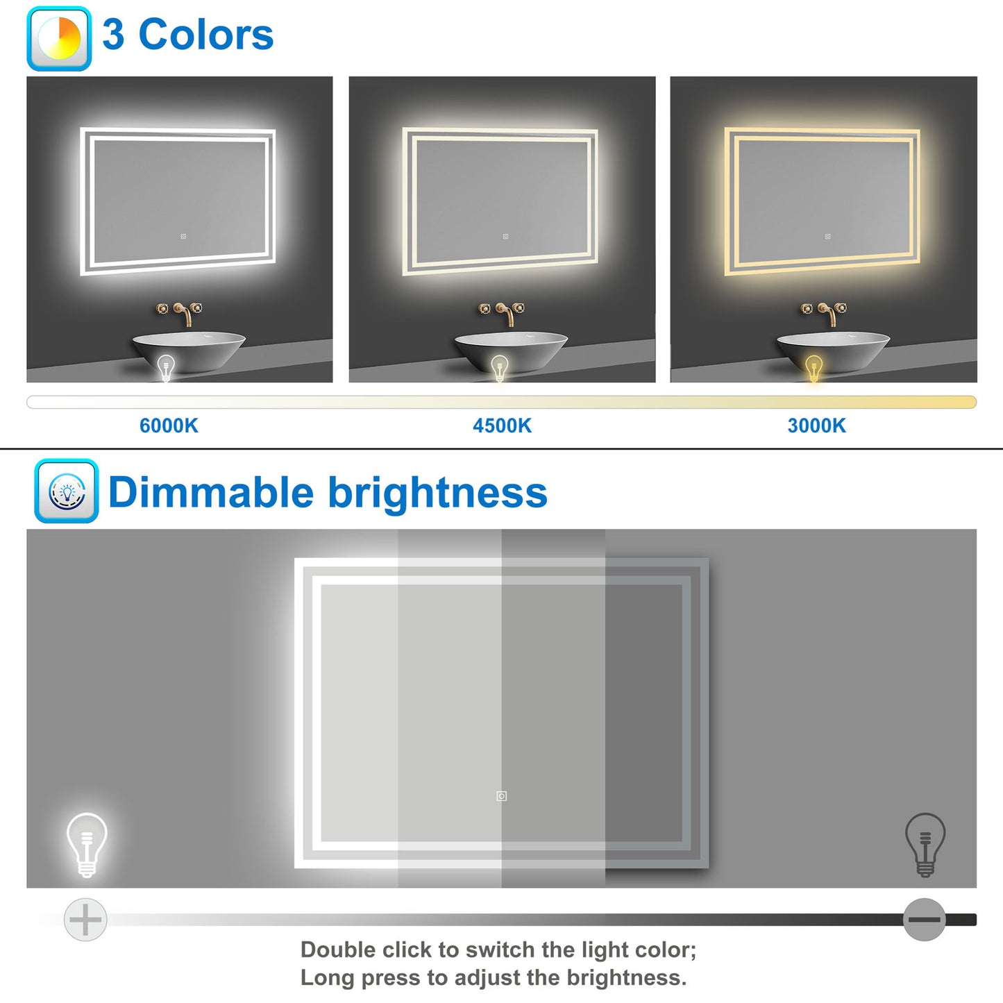 Bathroom LED Mirrom with 3 Colours Lights Shaver Socket Demister Pad