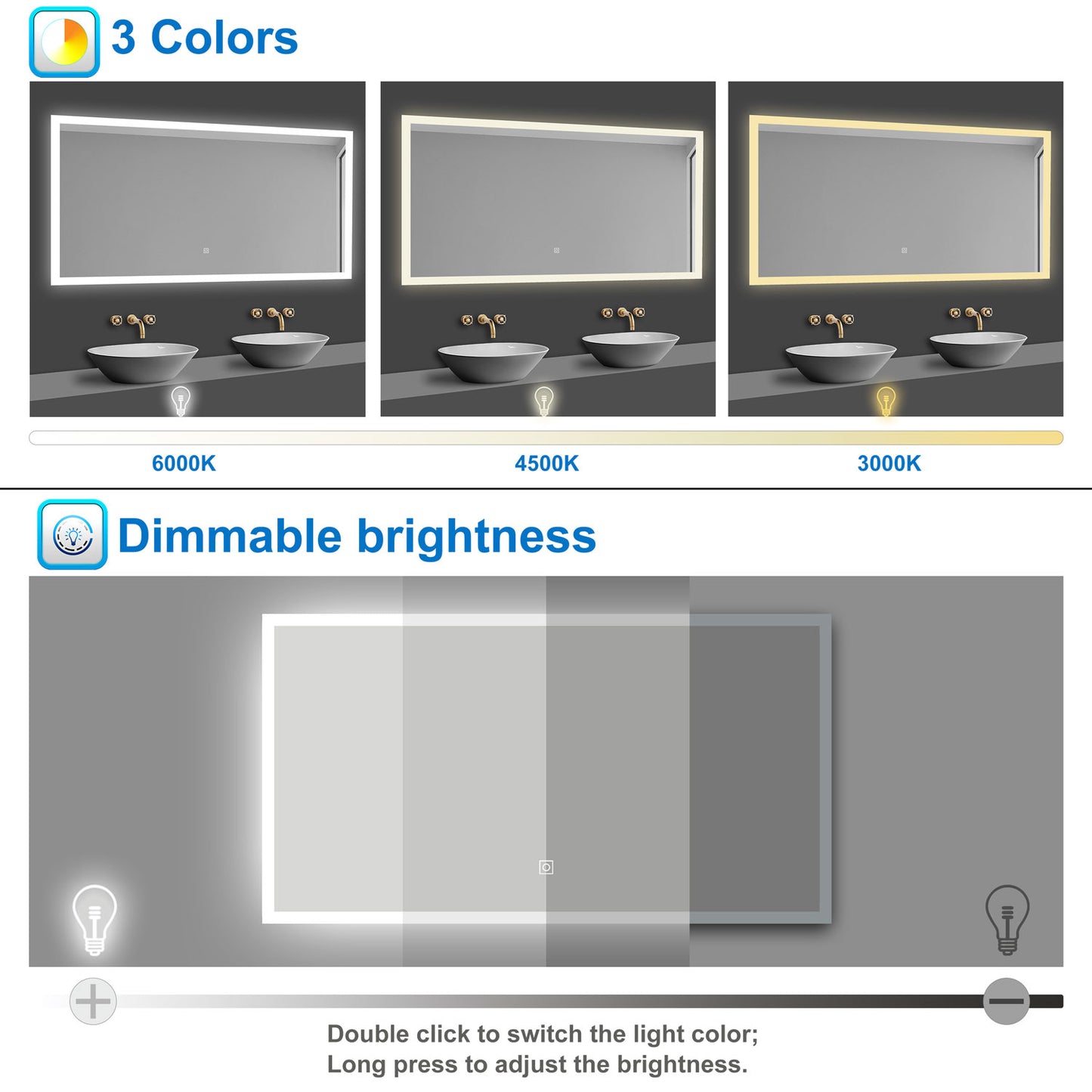 Illuminated Bathroom LED Mirrom with 3 Colours Lights Shaver Socket Demister Pad