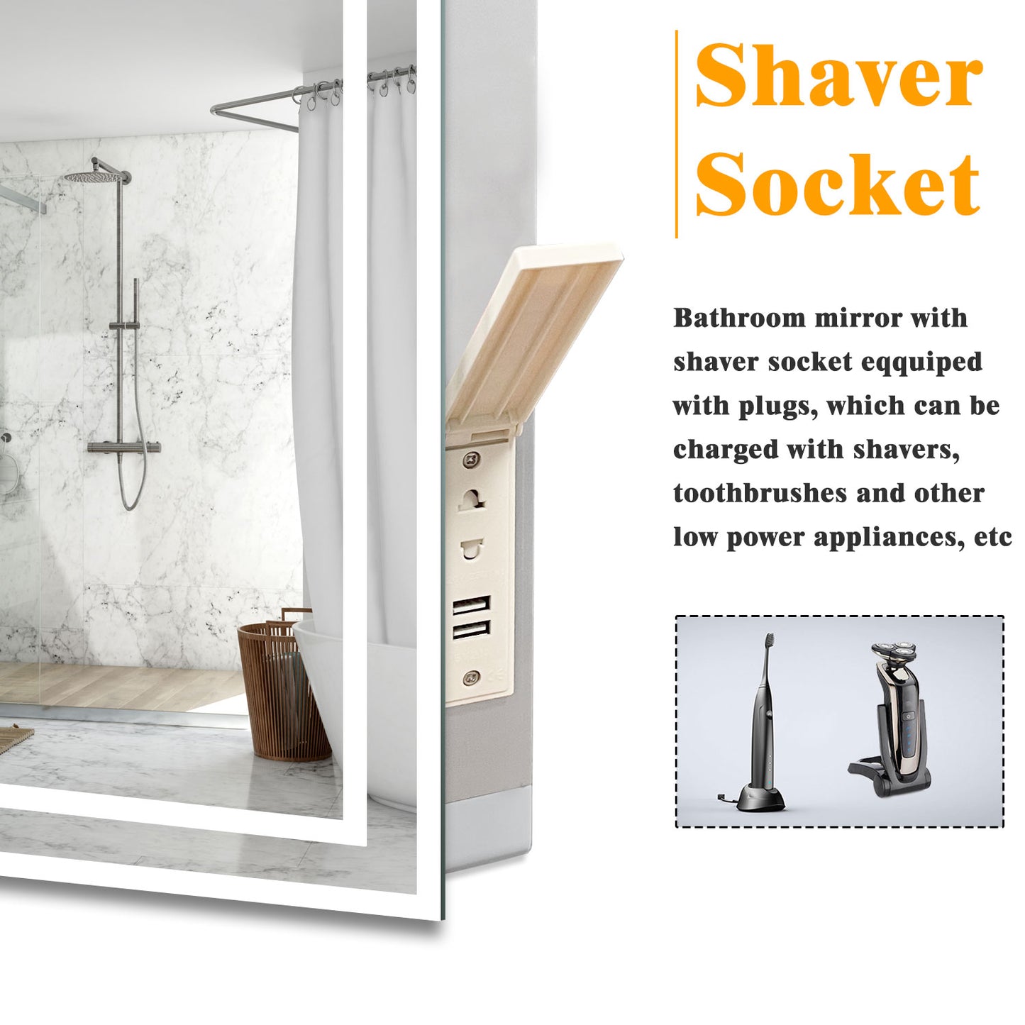 Bathroom LED Mirrom with 3 Colours Lights Shaver Socket Demister Pad