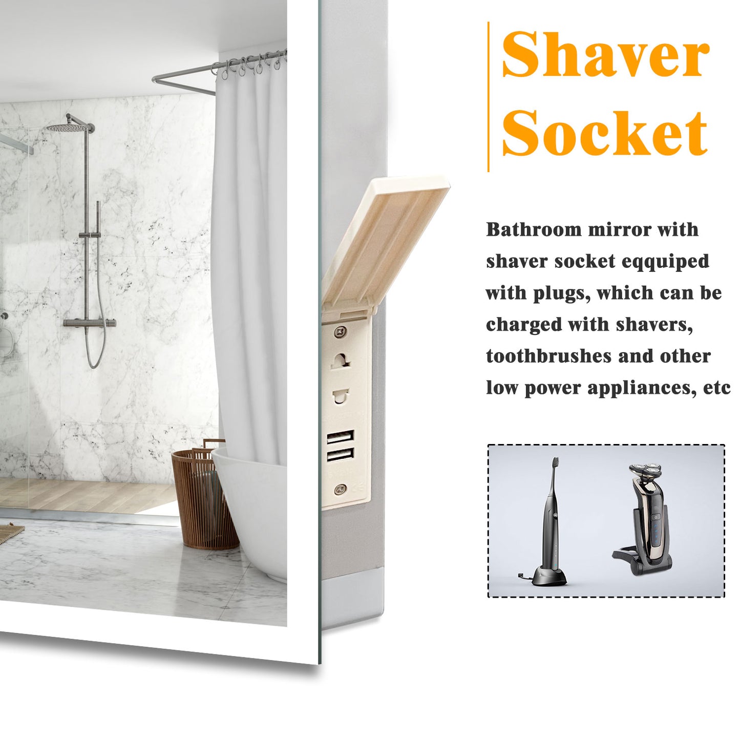 Illuminated Bathroom LED Mirrom with 3 Colours Lights Shaver Socket Demister Pad