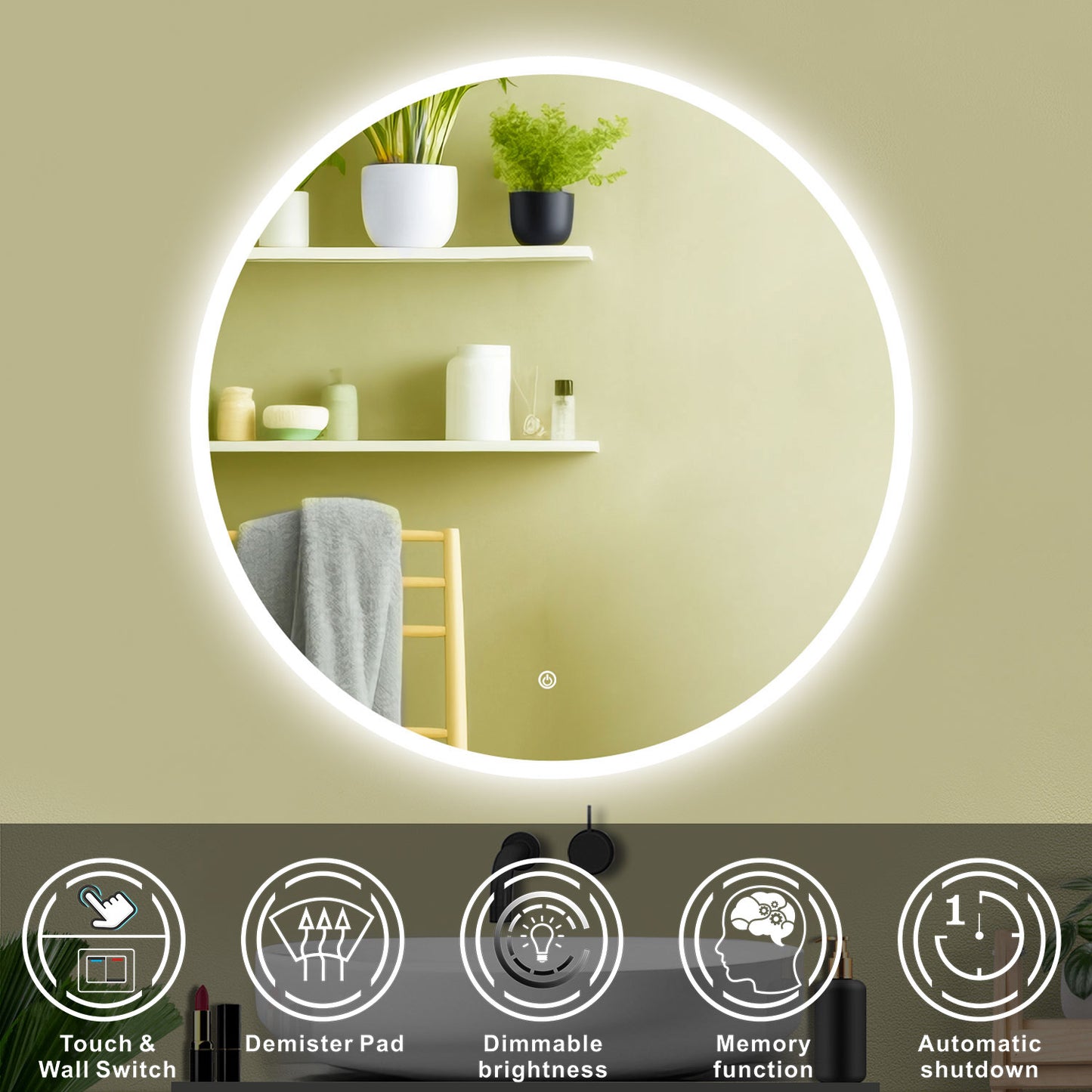 Aidal--Bathroom Mirror with Dimmable LED, Anti-fog, Round, IP44 Waterproof Dustproof, Explosion-proof, Wall mounted