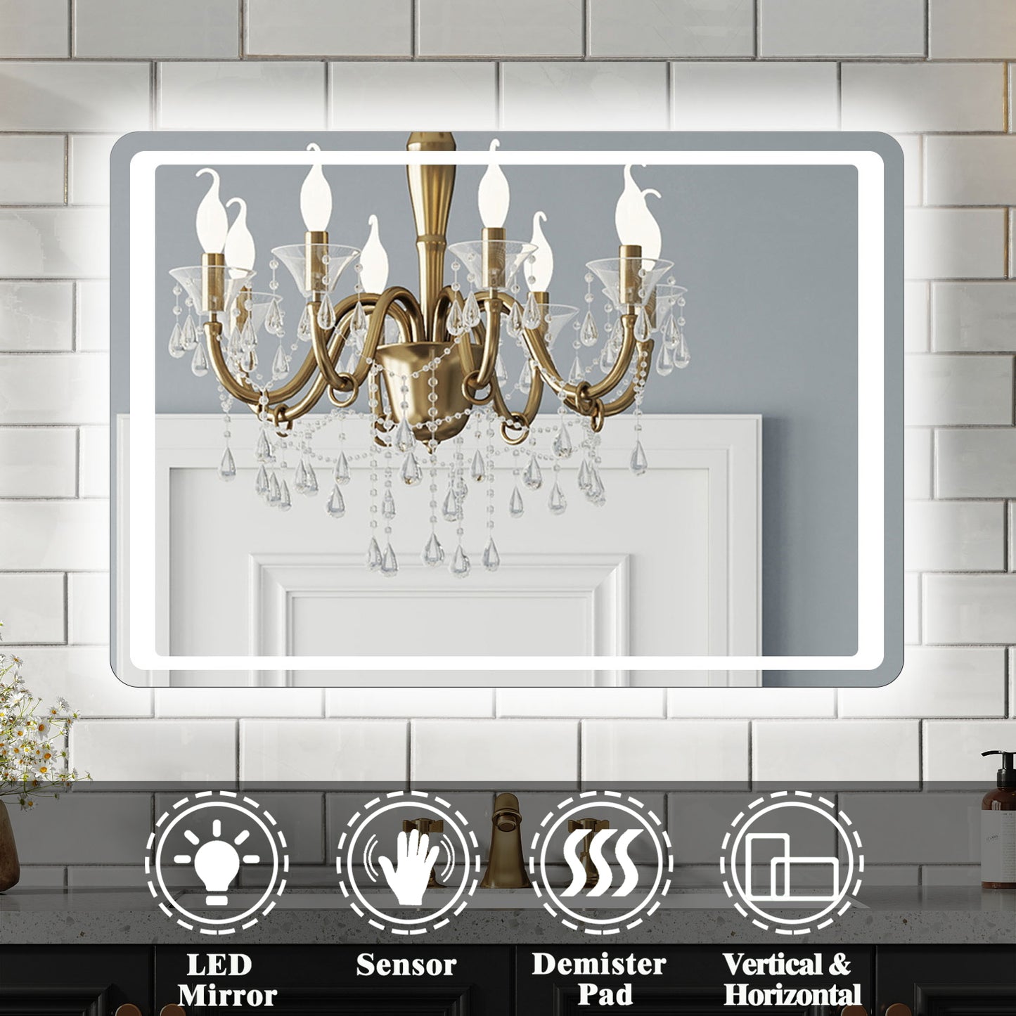 Aidal--Bathroom Mirror with Dimmable LED, Anti-fog, Hand sweep switch, Rectangle, Waterproof, Explosion-proof, Wall mounted