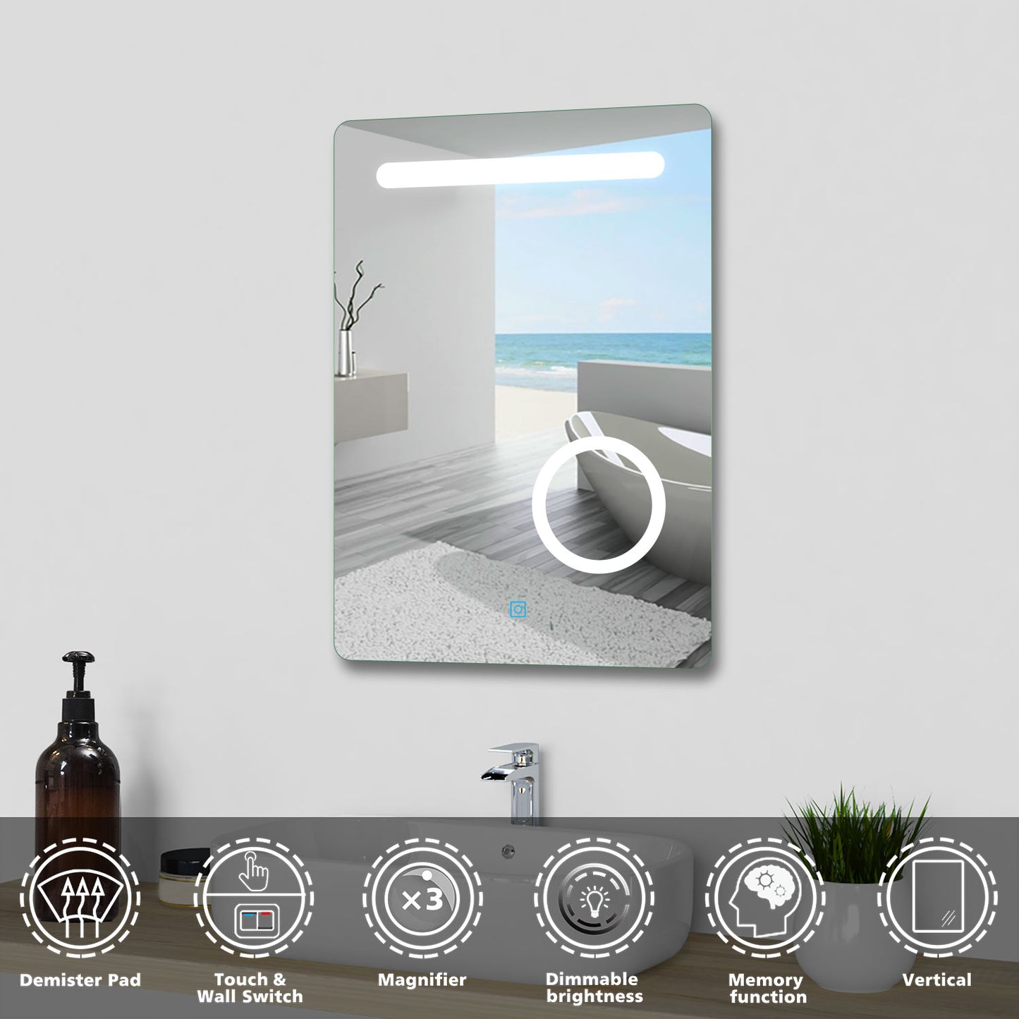 Bathroom LED Mirror with Lights Magnifier Anti-fog Wall Mounted Smart Vanity Mirror