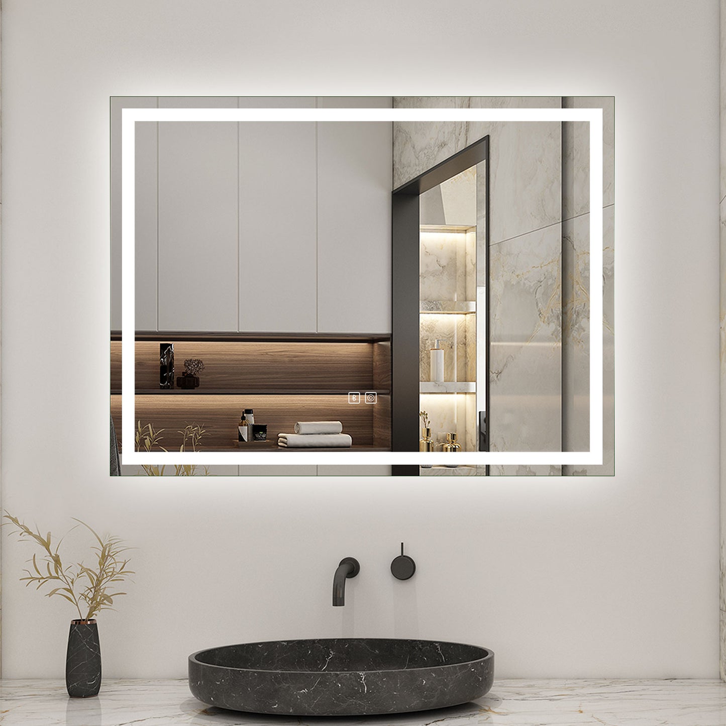 Bluetooth Bathroom Mirrom with 3 Colours LED Lights Shaver Socket Demister Pad