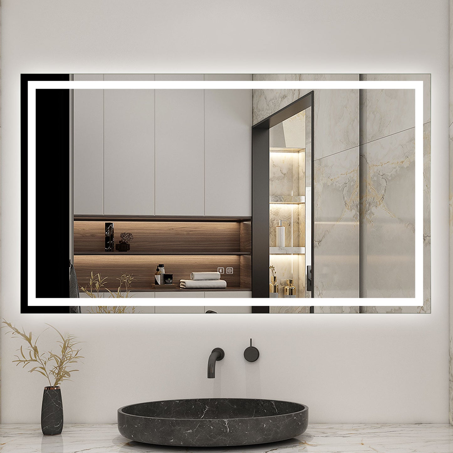 Bluetooth Bathroom Mirrom with 3 Colours LED Lights Shaver Socket Demister Pad