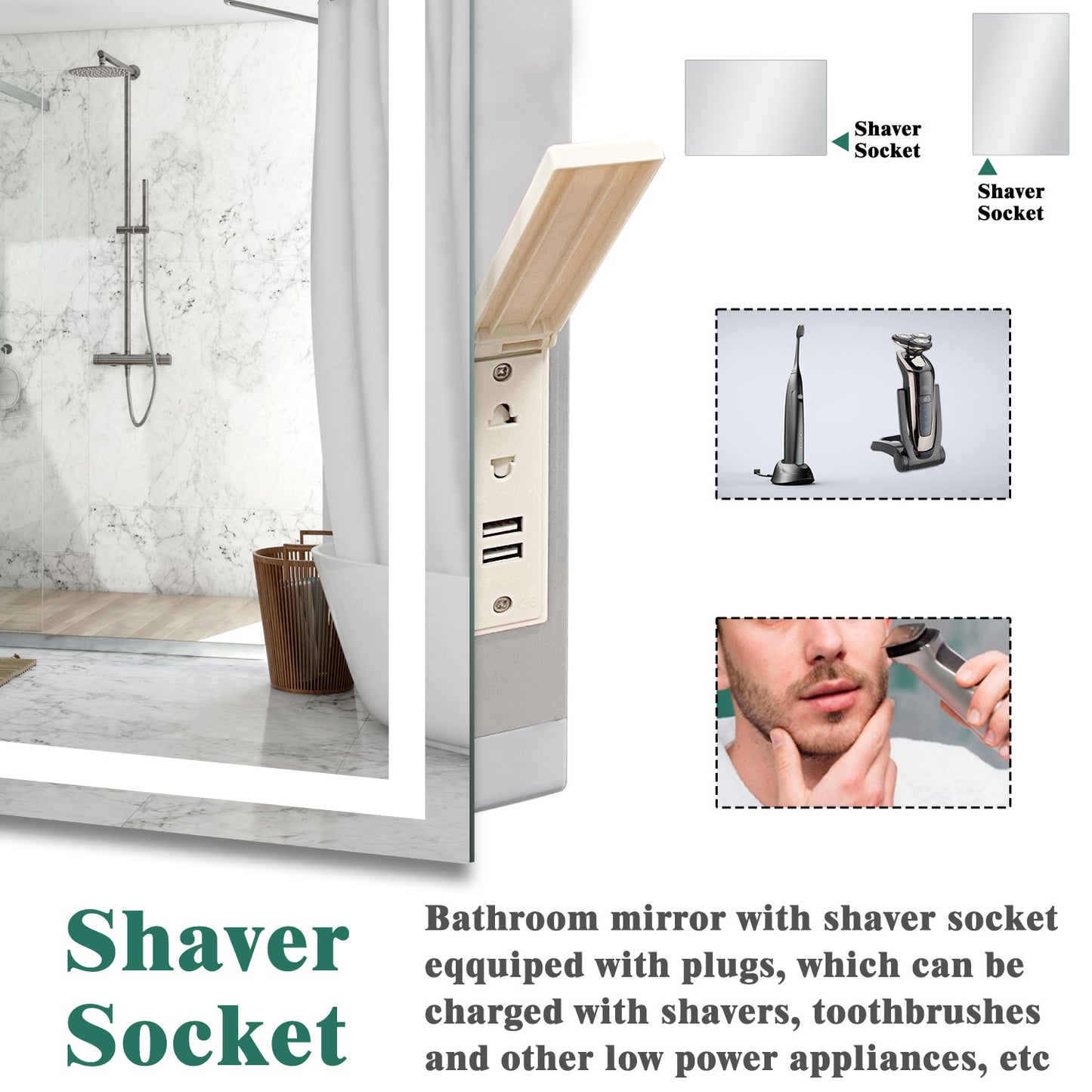Bluetooth Bathroom Mirrom with 3 Colours LED Lights Shaver Socket Demister Pad