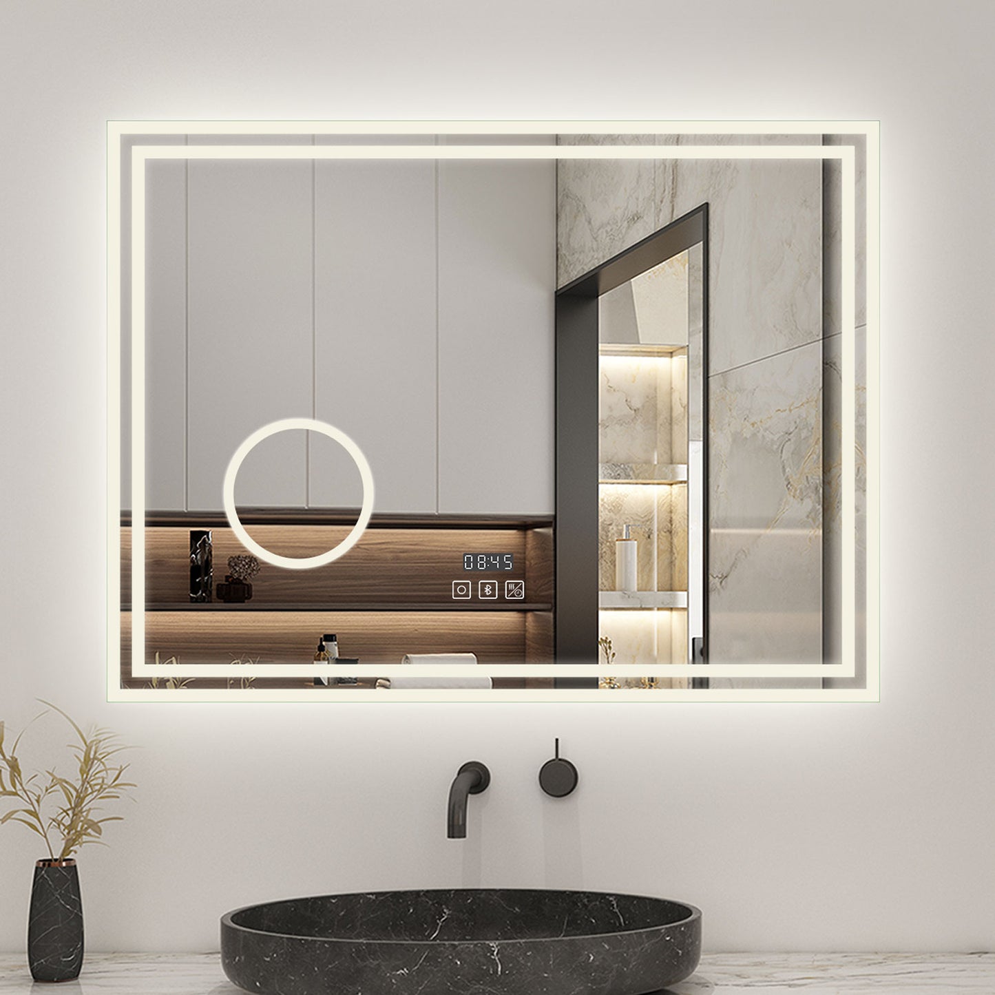 LED Bathroom Mirror with Bluetooth Dimmable Anti fog Magnifier Clock