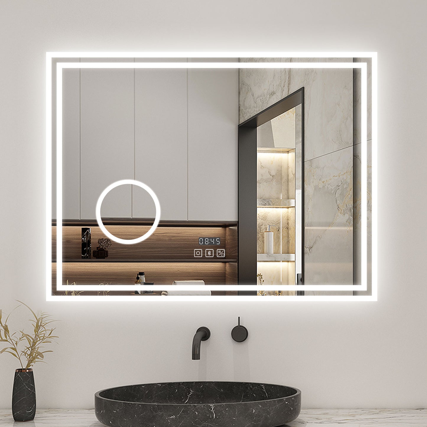 LED Bathroom Mirror with Bluetooth Dimmable Anti fog Magnifier Clock
