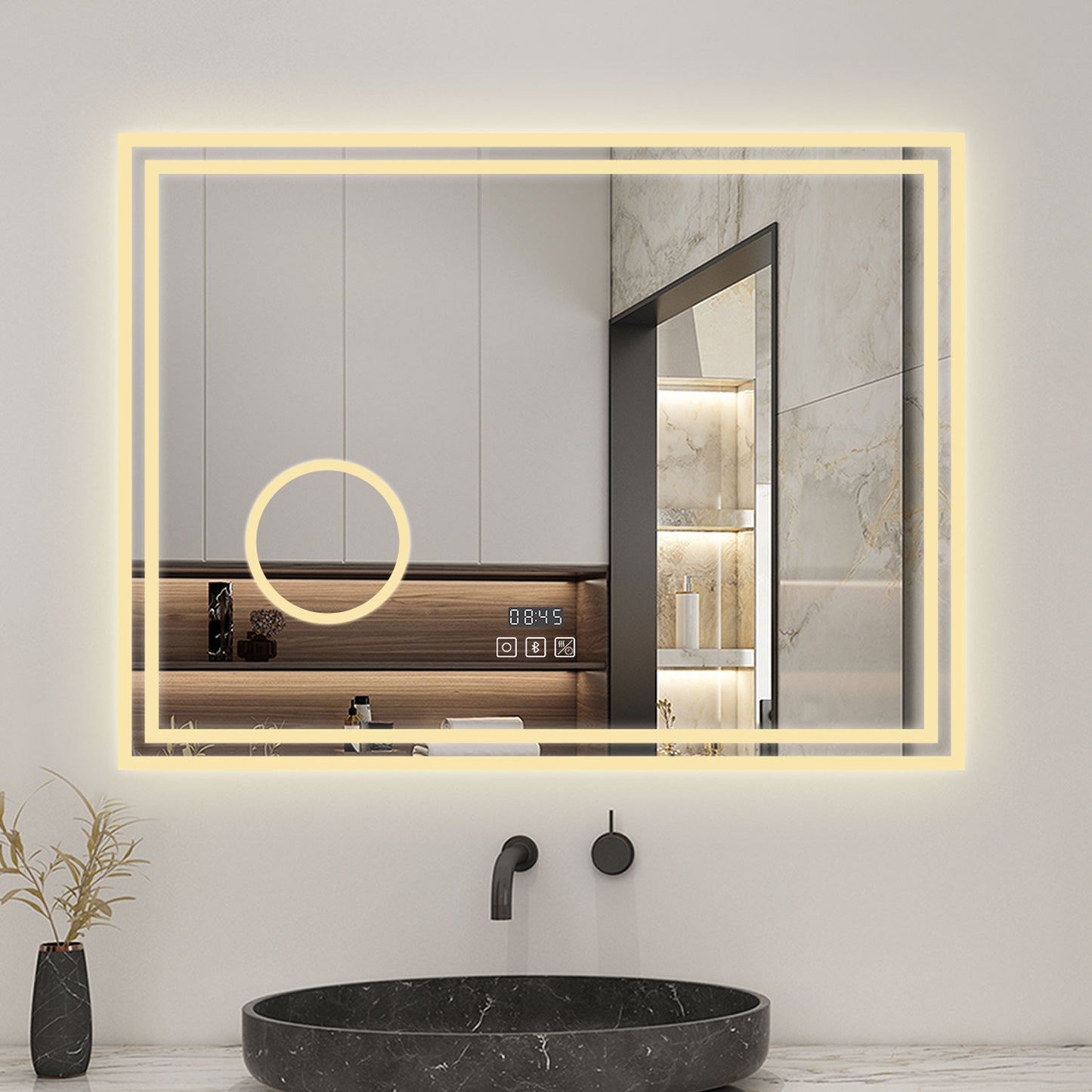 LED Bathroom Mirror with Bluetooth Dimmable Anti fog Magnifier Clock