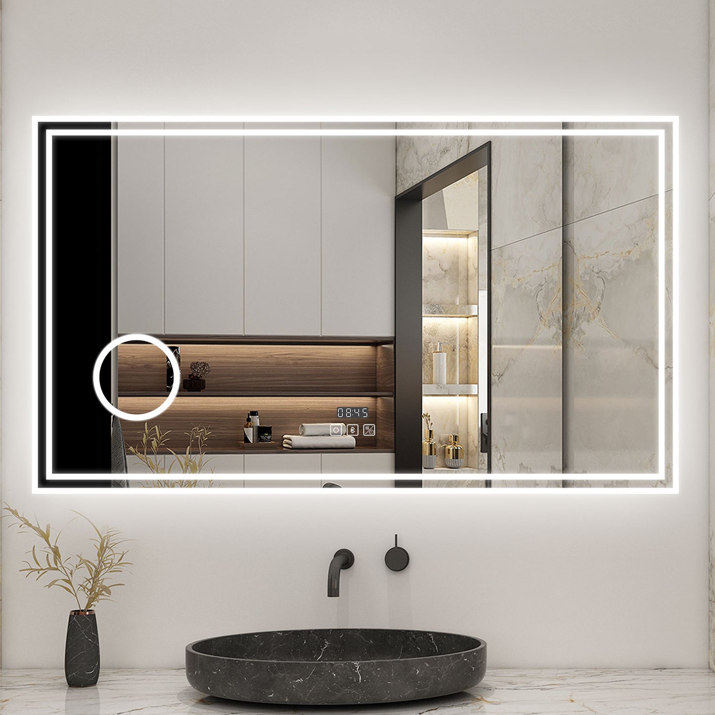 LED Bathroom Mirror with Bluetooth Dimmable Anti fog Magnifier Clock