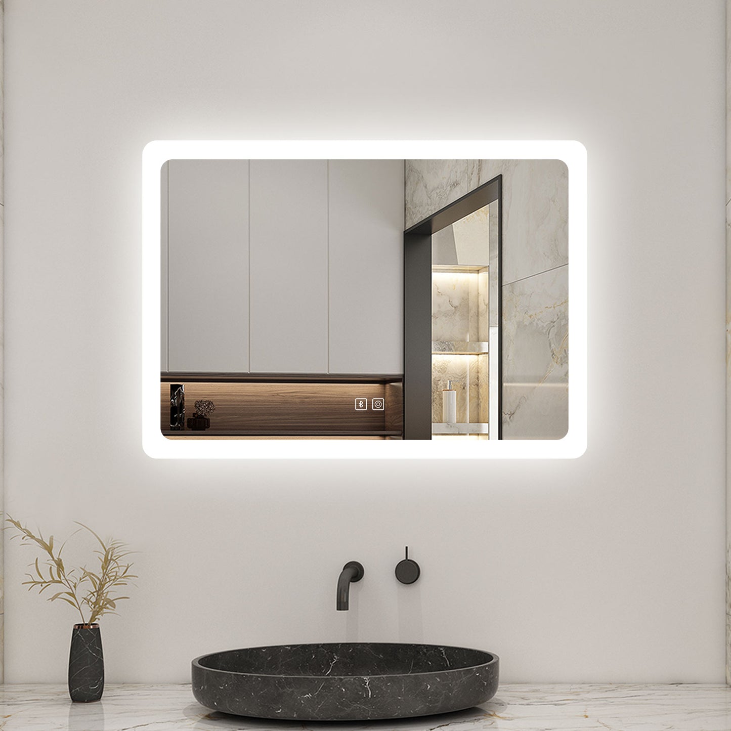 Bluetooth Bathroom LED Mirrom with 3 Colours Lights Shaver Socket Demister Pad