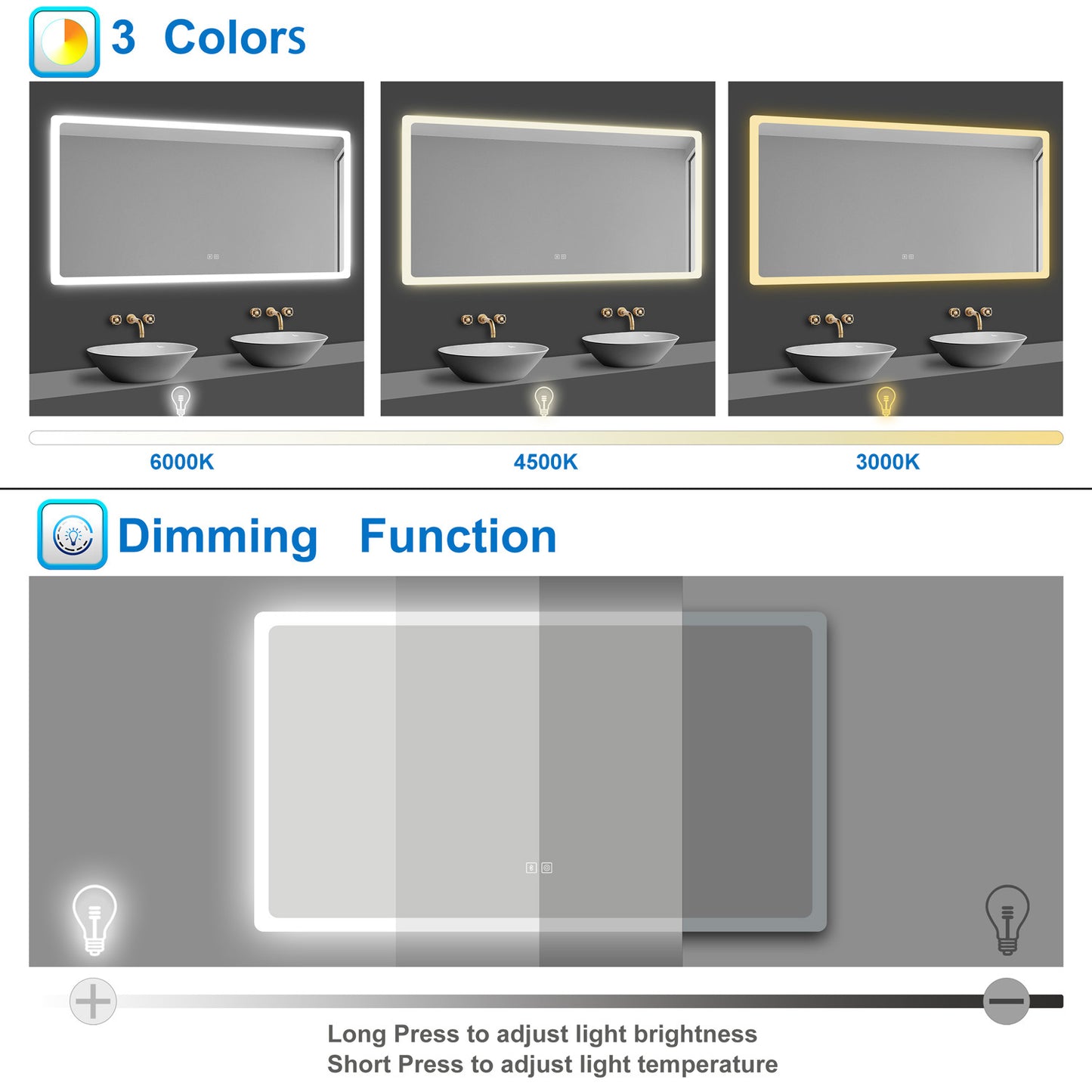 Bluetooth Bathroom LED Mirrom with 3 Colours Lights Shaver Socket Demister Pad