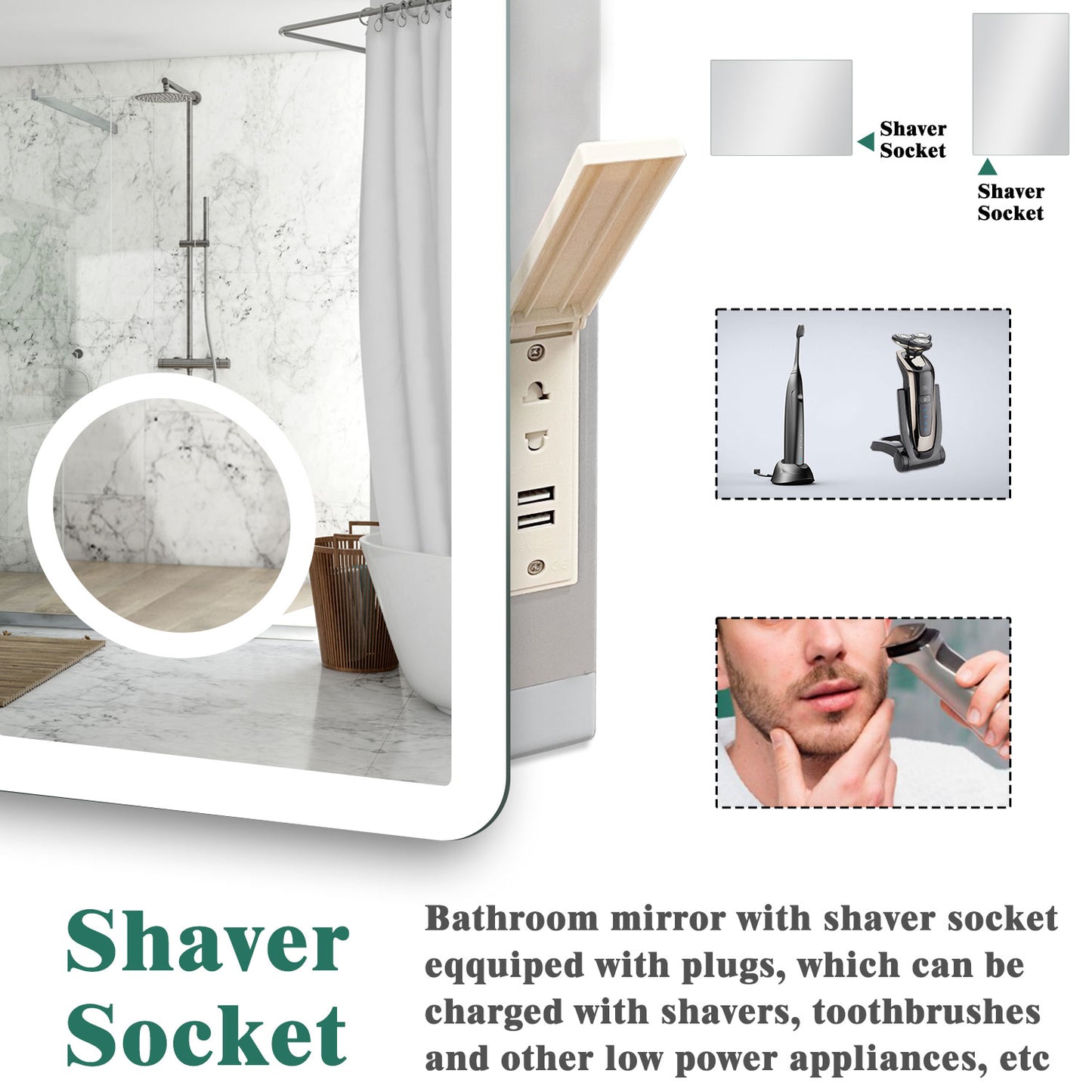 Bathroom Mirrom with Bluetooth 3 Colours LED Lights Shaver Socket Demister Pad Magnifier