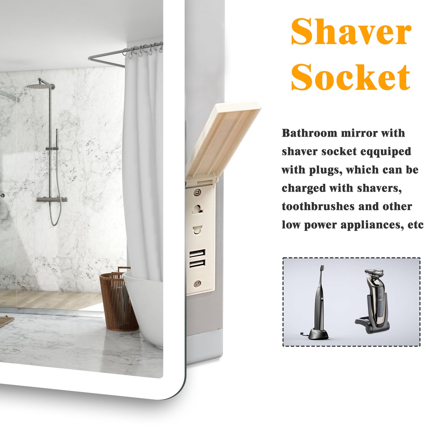 Bluetooth Bathroom LED Mirrom with 3 Colours Lights Shaver Socket Demister Pad