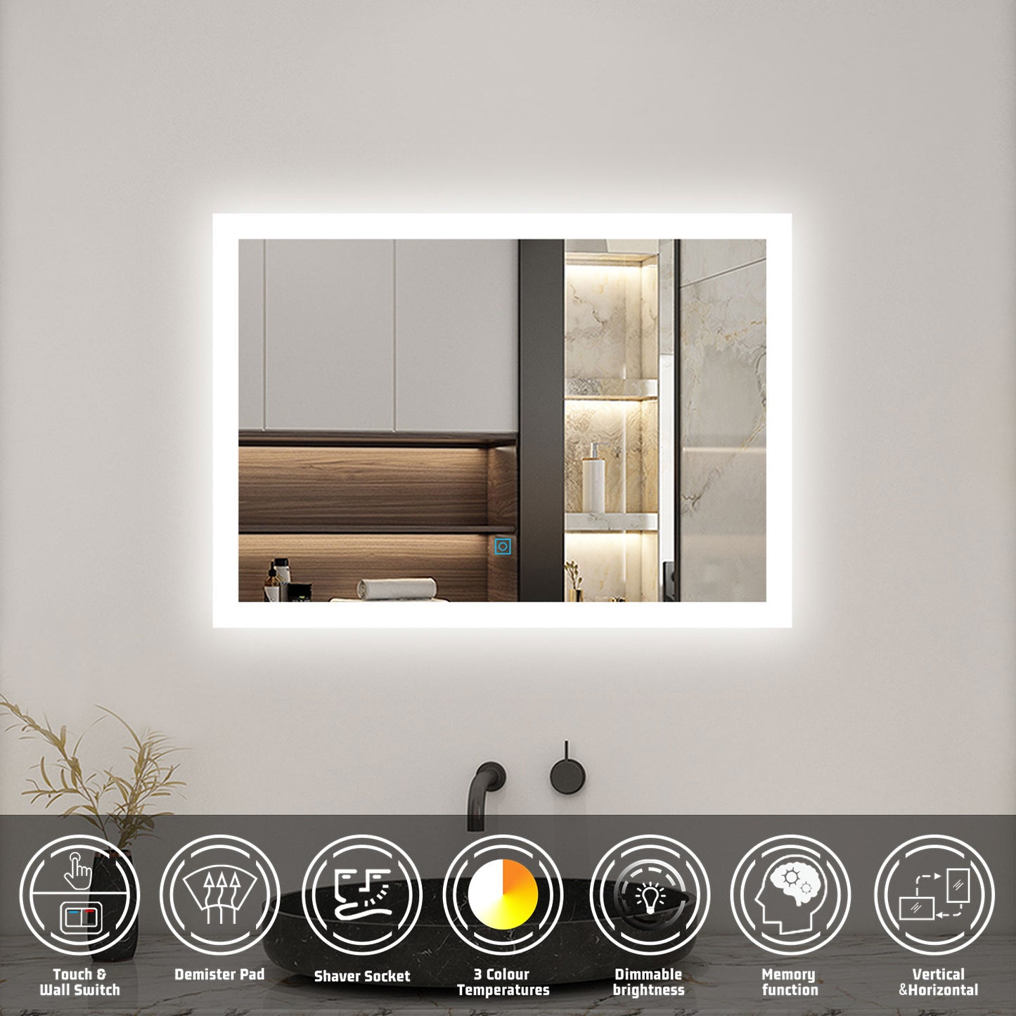 Illuminated Bathroom LED Mirrom with 3 Colours Lights Shaver Socket Demister Pad