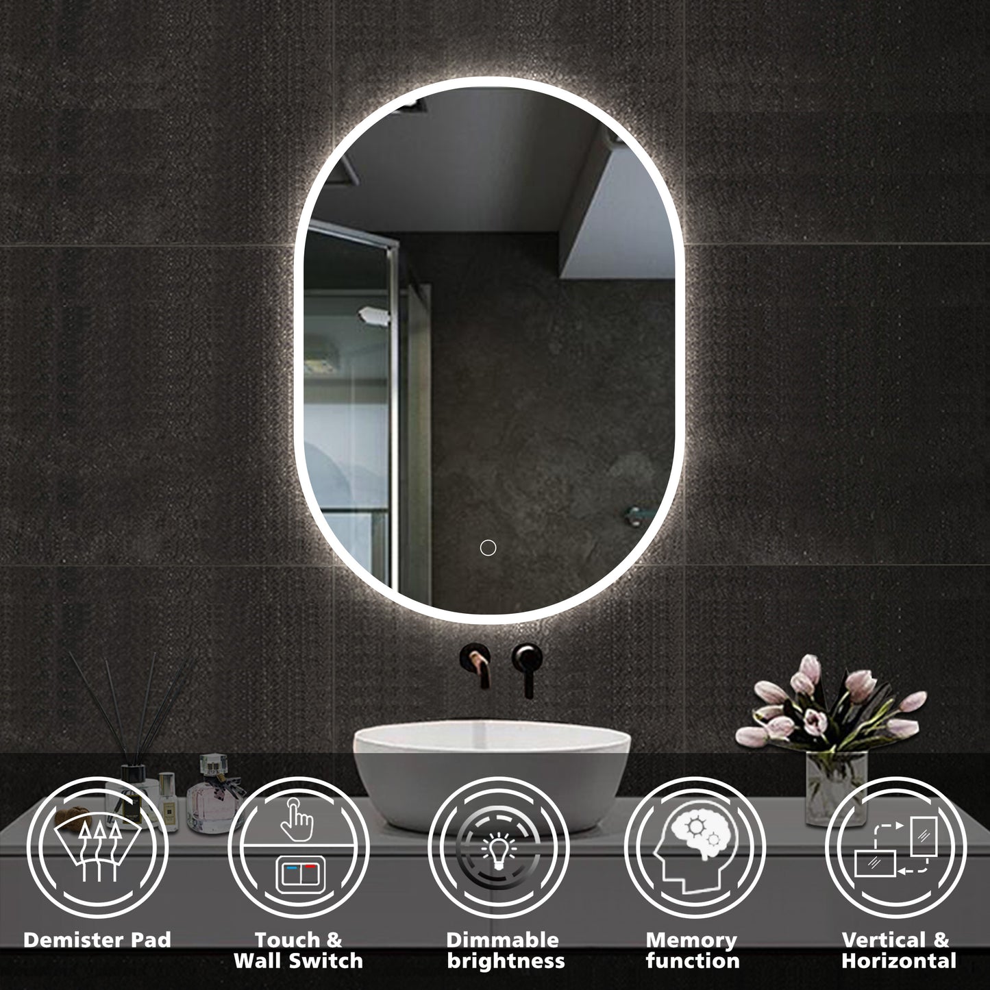 Aidal--Bathroom Runway shape Mirror with Dimmable LED, Anti-fog, Waterproof, Explosion-proof, Wall mounted