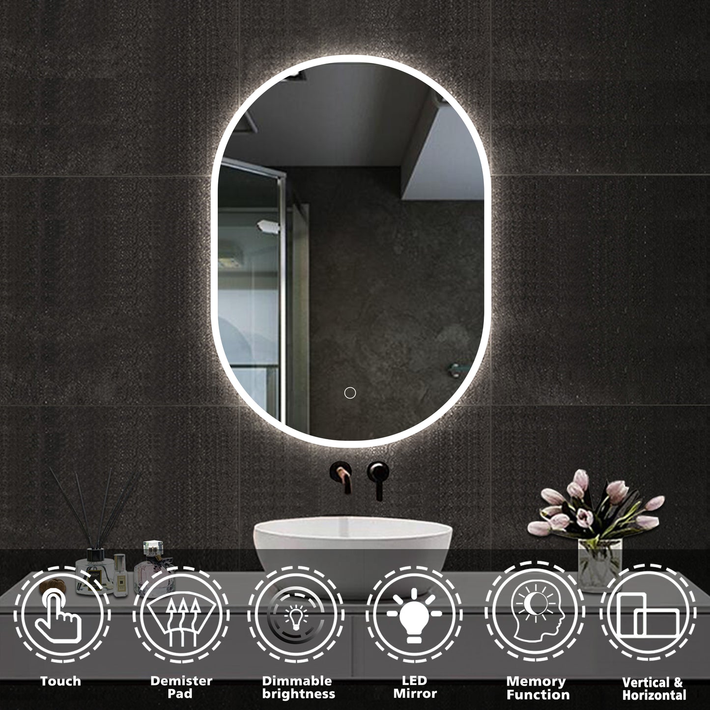 Aidal--Bathroom Runway shape Mirror with 3 Colors Dimmable LED, Anti-fog, Waterproof, Explosion-proof, Wall mounted