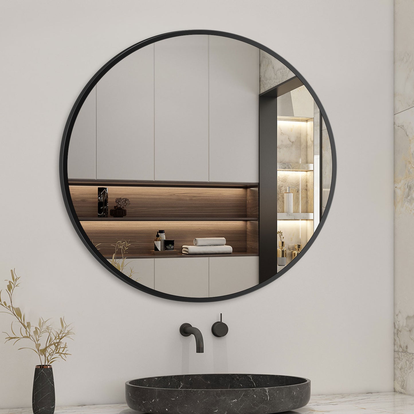 Round Wall Hanging Mirror with Black Frame for Bathroom, Home decoration, Makeup, Shaving