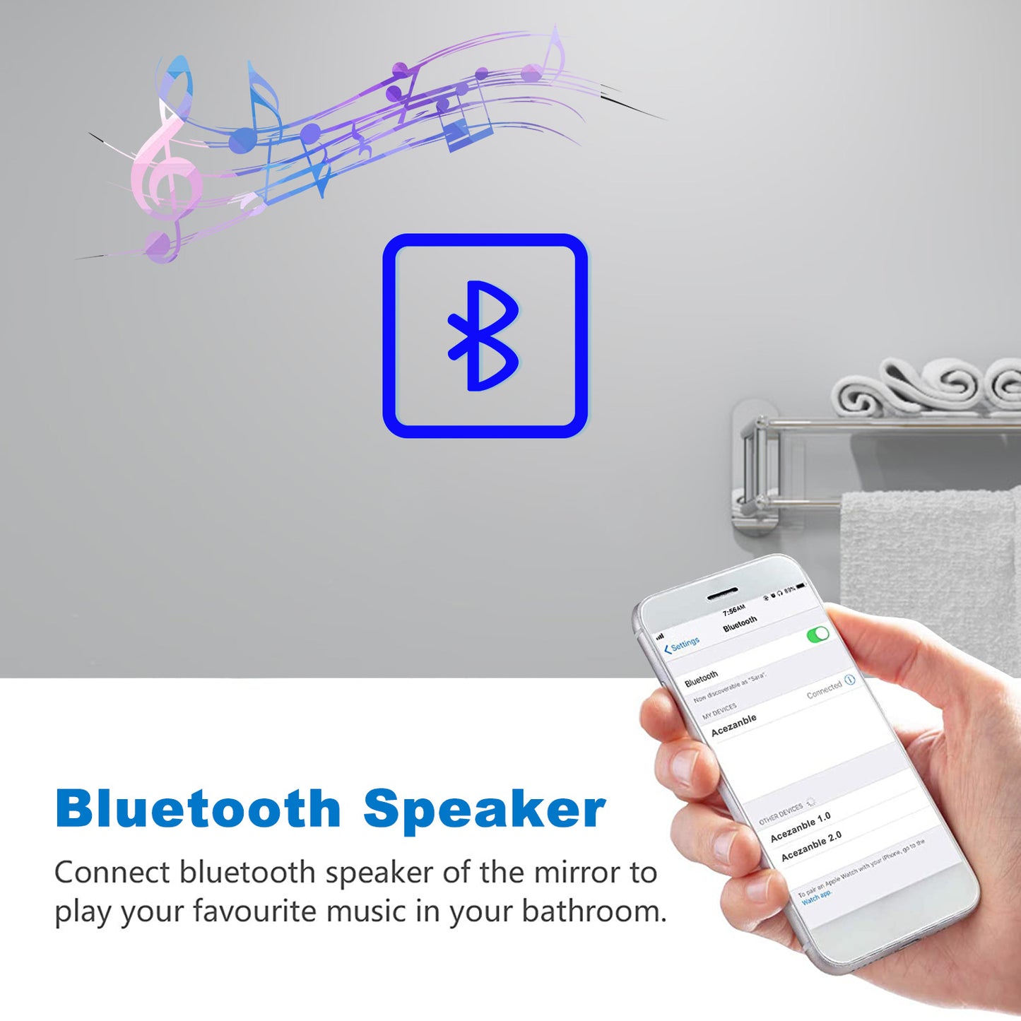 Bluetooth Bathroom Mirror with LED Lights 3 Colours Modes Dimmable Anti fog Touch Switch