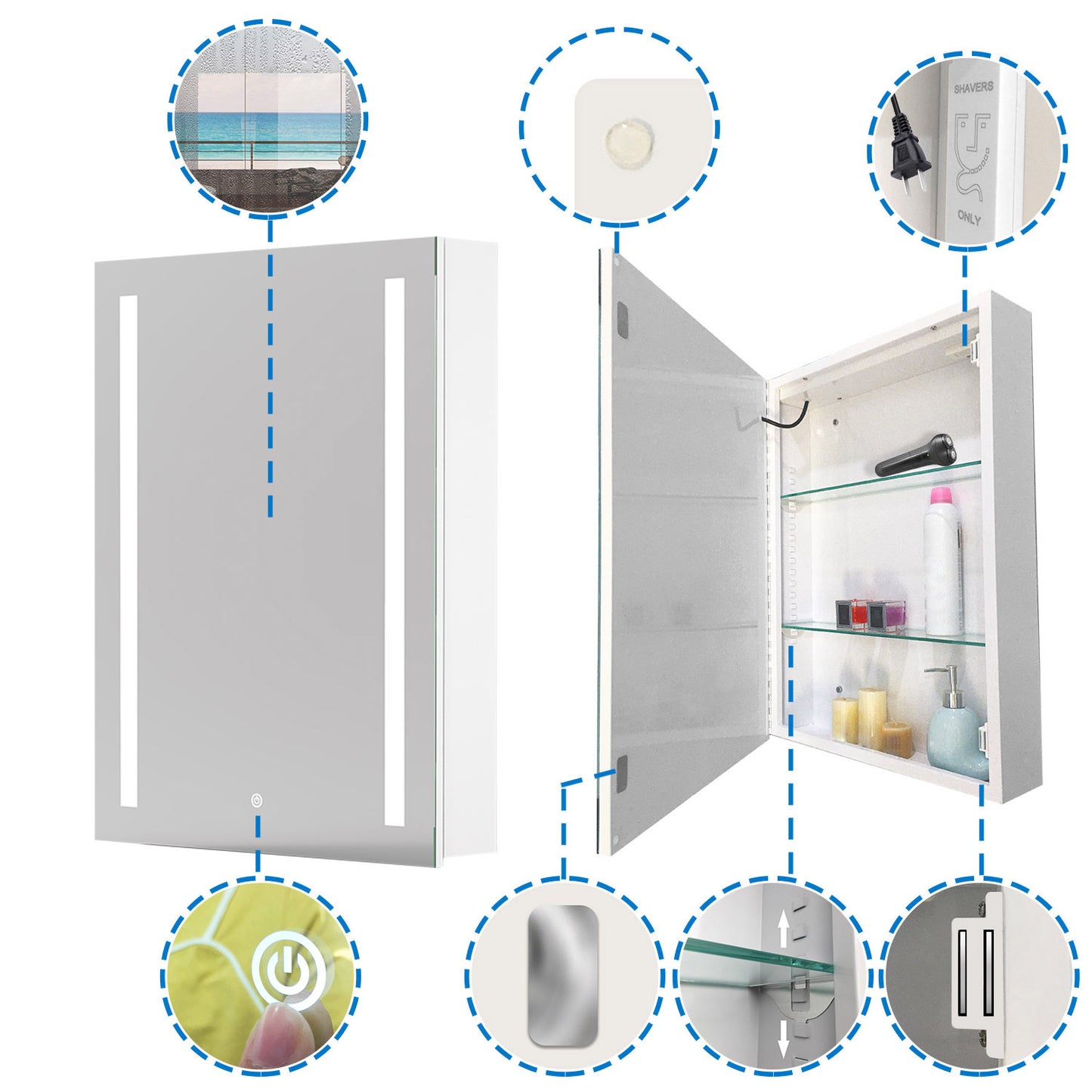 Bathroom Mirror Cabinet LED Illuminated with Demister Pad Touch Sensor Shaver Socket adjustable white colour-Storage Mirror Cabinet