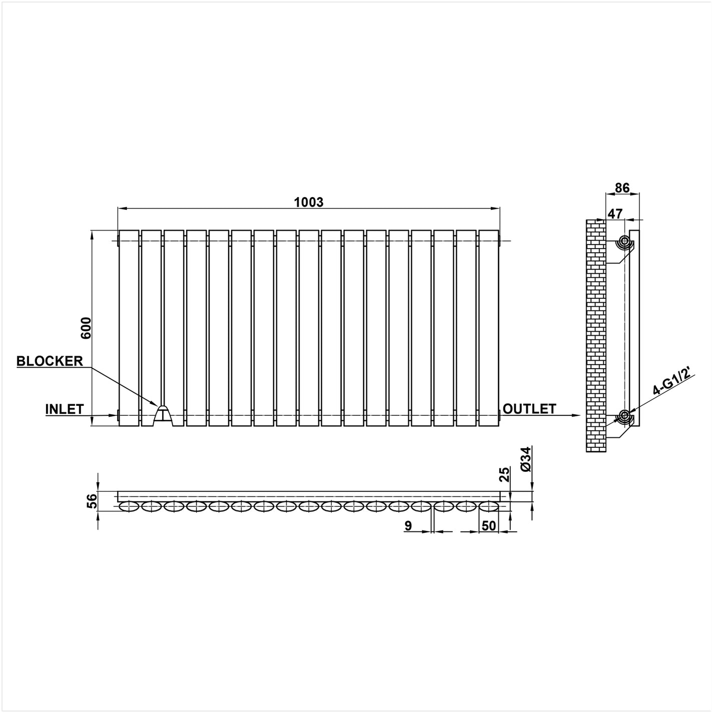 600x1003mm black single oval column radiator dimension