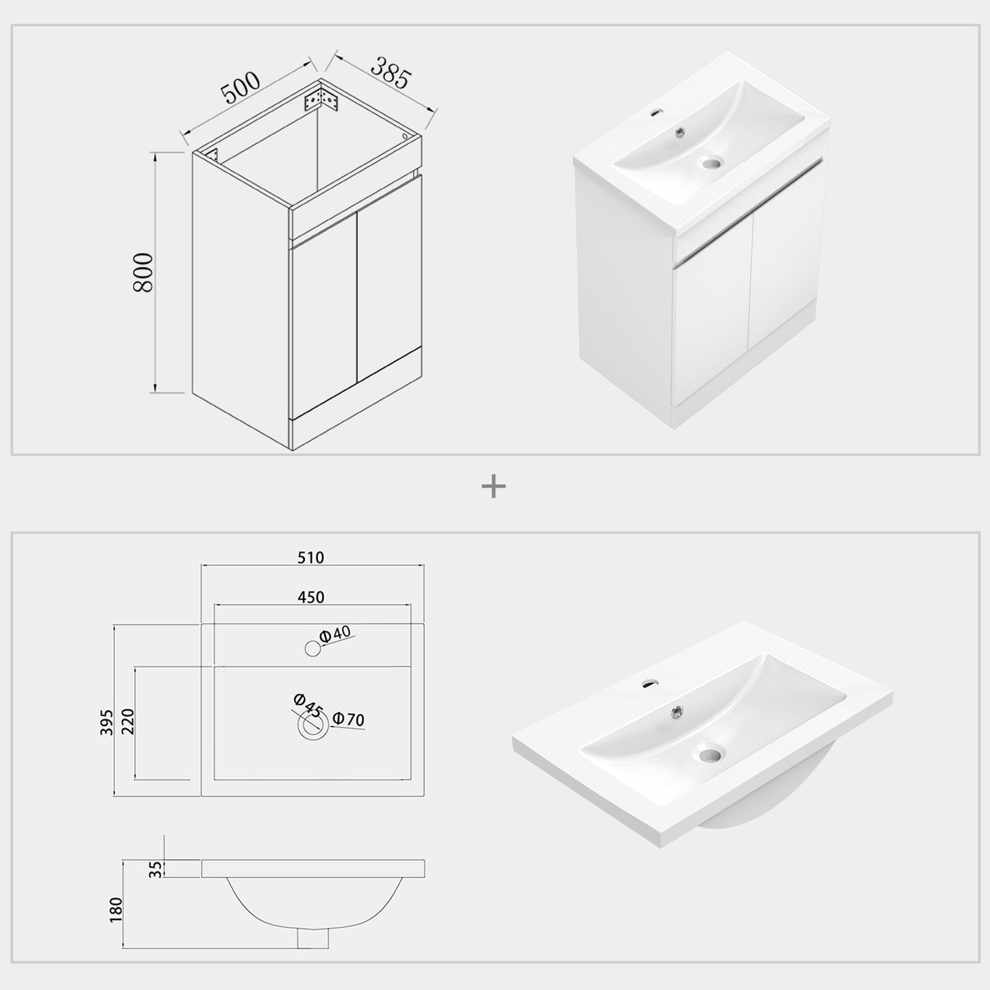 500mm 600mm Bathroom Vanity Unit with Resin Basin, Matte White