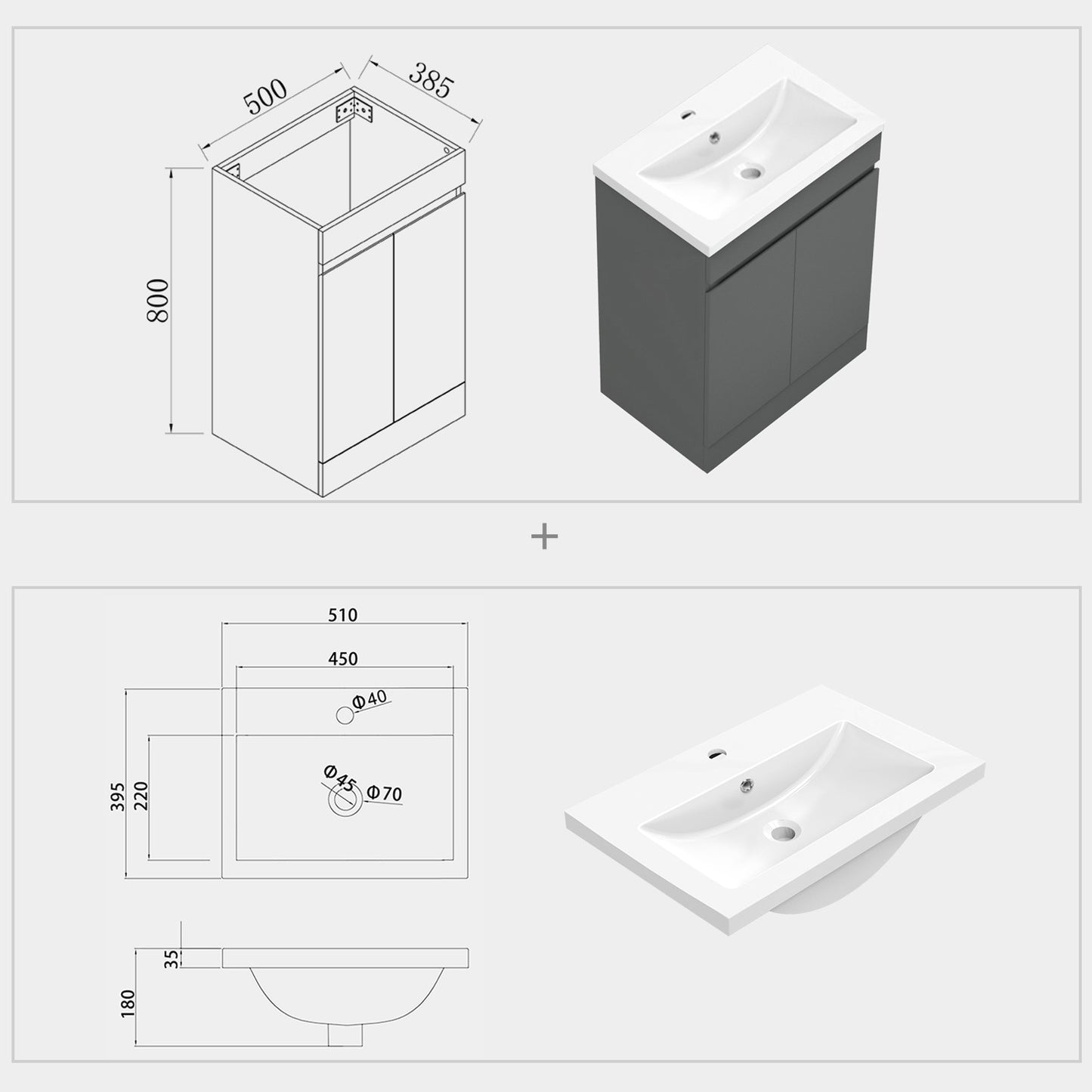 500mm 600mm Bathroom Vanity Unit with Resin Basin, Matte Grey