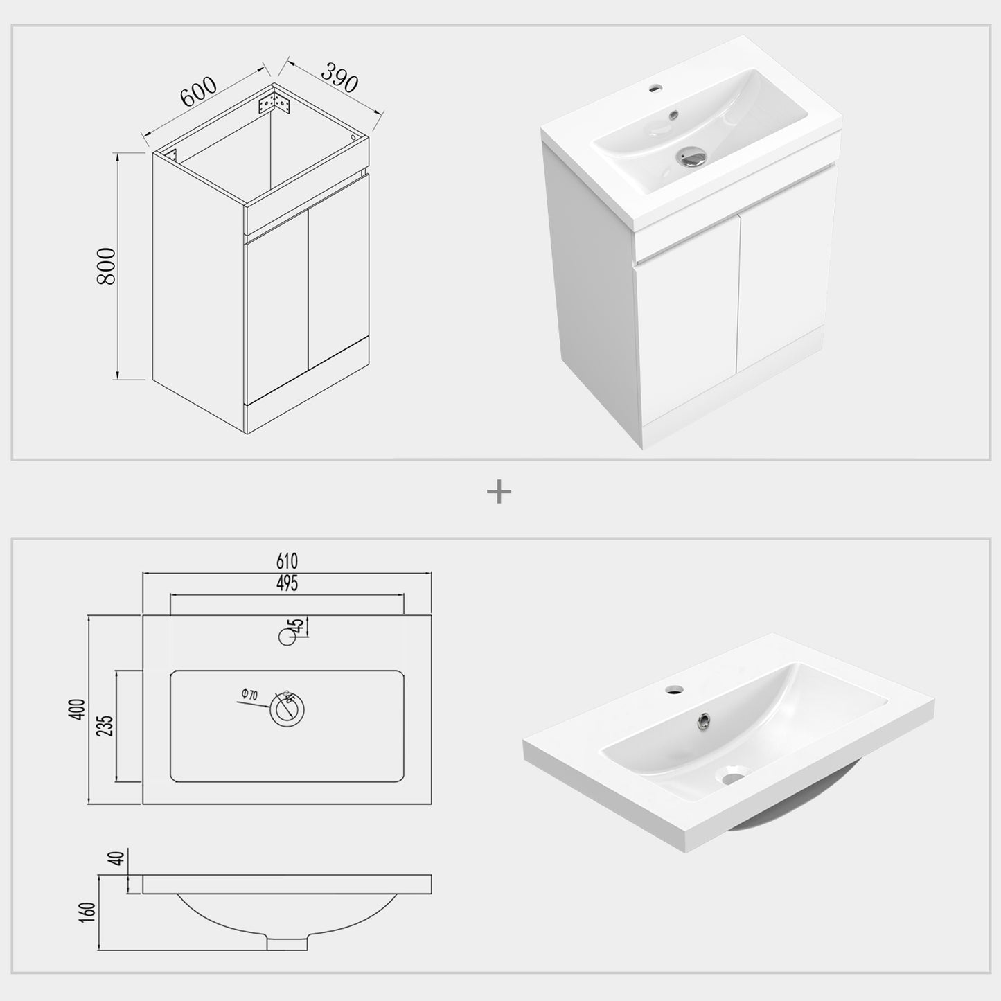 500mm 600mm Bathroom Vanity Unit with Resin Basin, Matte White