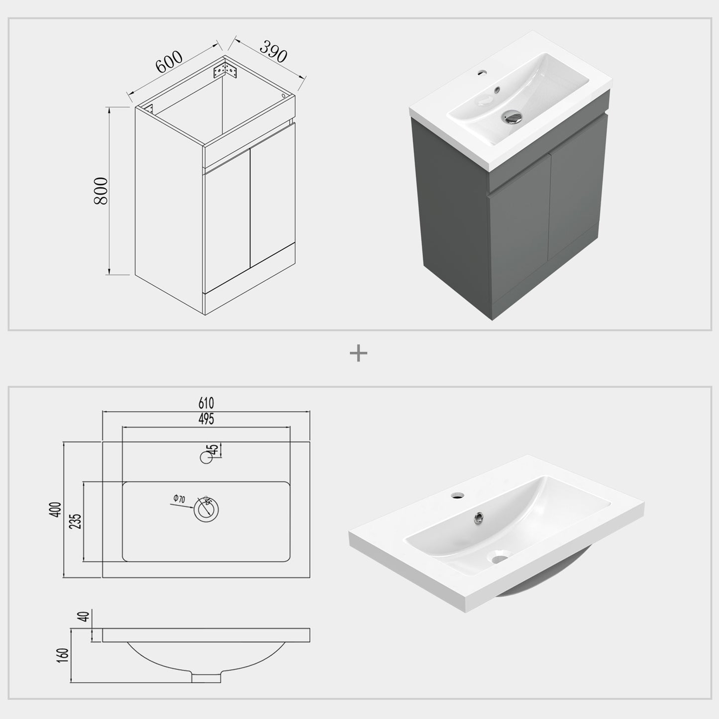 500mm 600mm Bathroom Vanity Unit with Resin Basin, Matte Grey