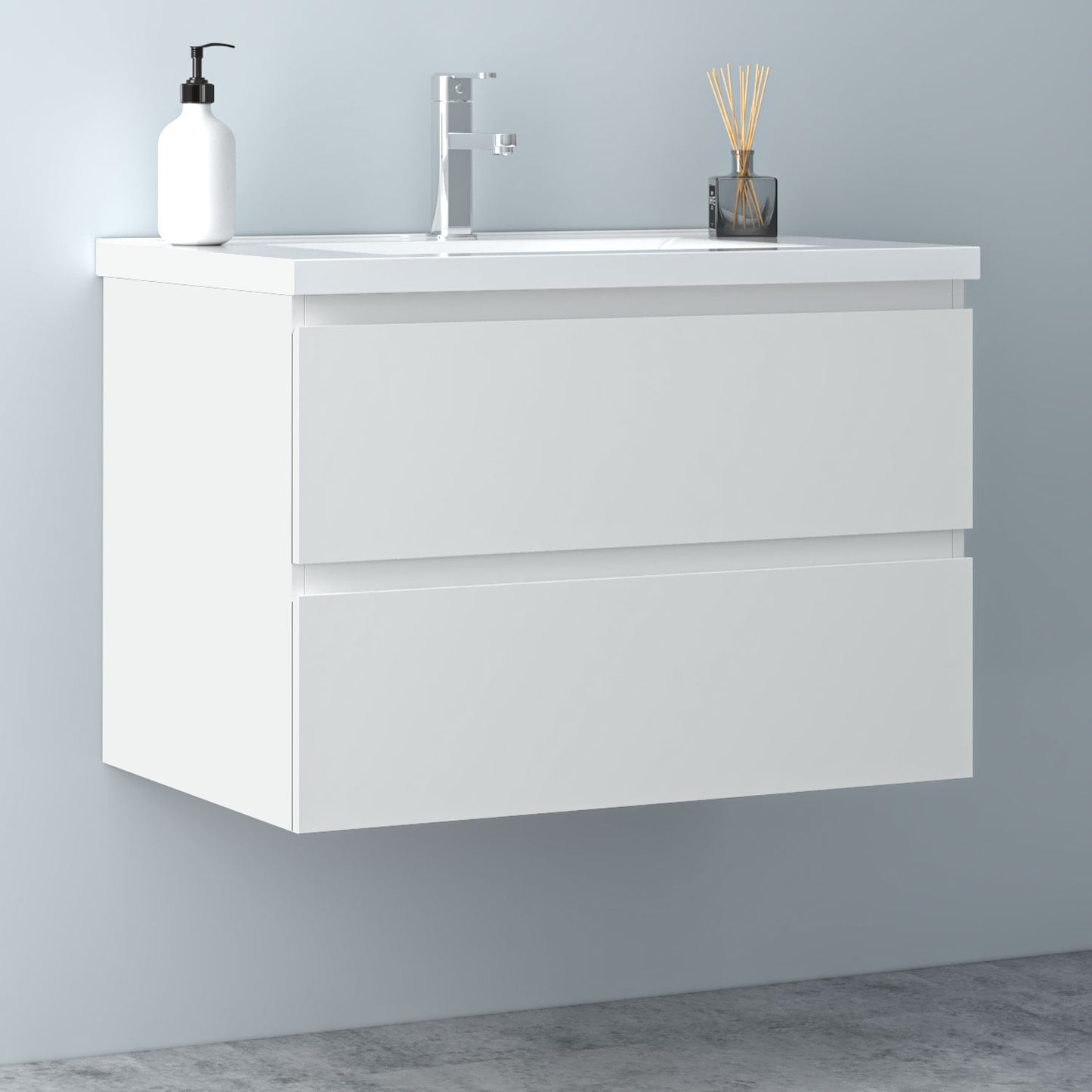 Glossy Vanity Unit, Wall Mounted, Detachable, Soft Close, Two/Four Drawer + Write Ceramic Basin