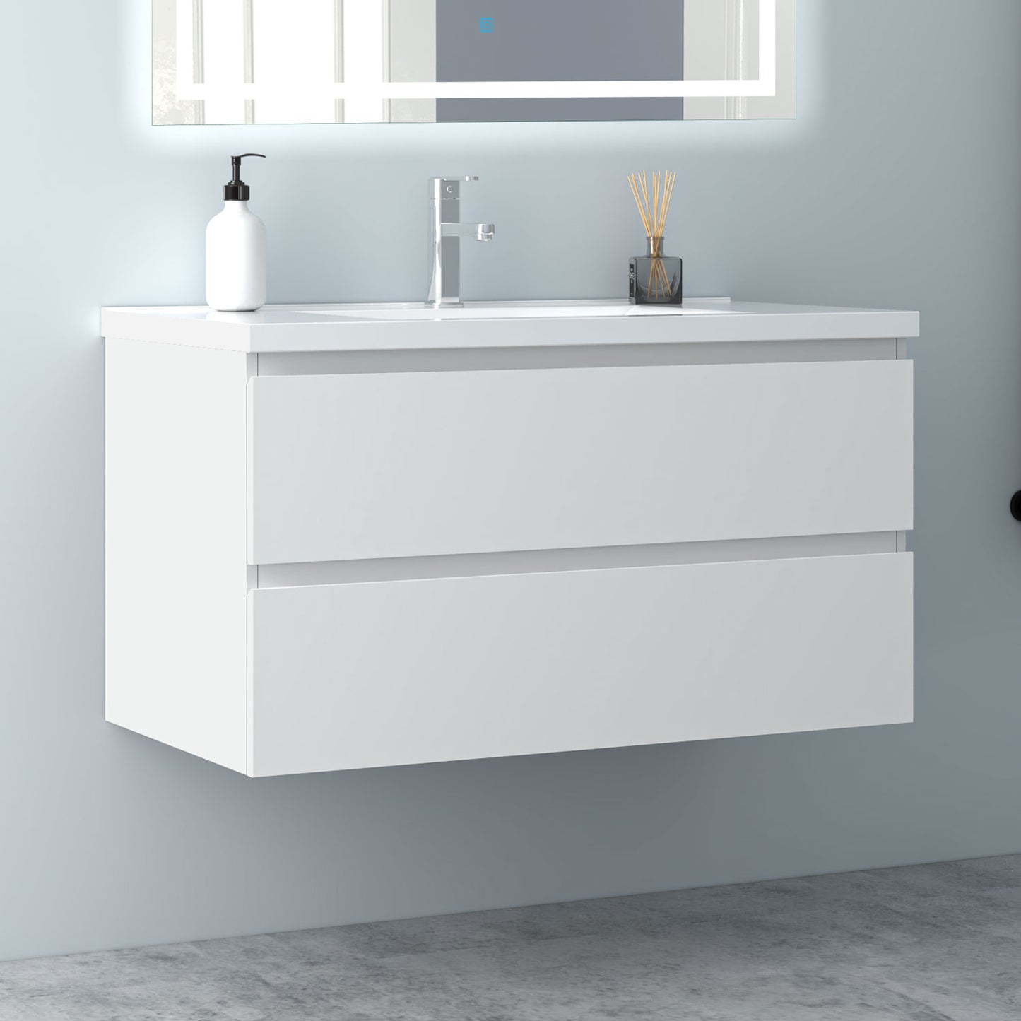 Glossy Vanity Unit, Wall Mounted, Detachable, Soft Close, Two/Four Drawer + Write Ceramic Basin