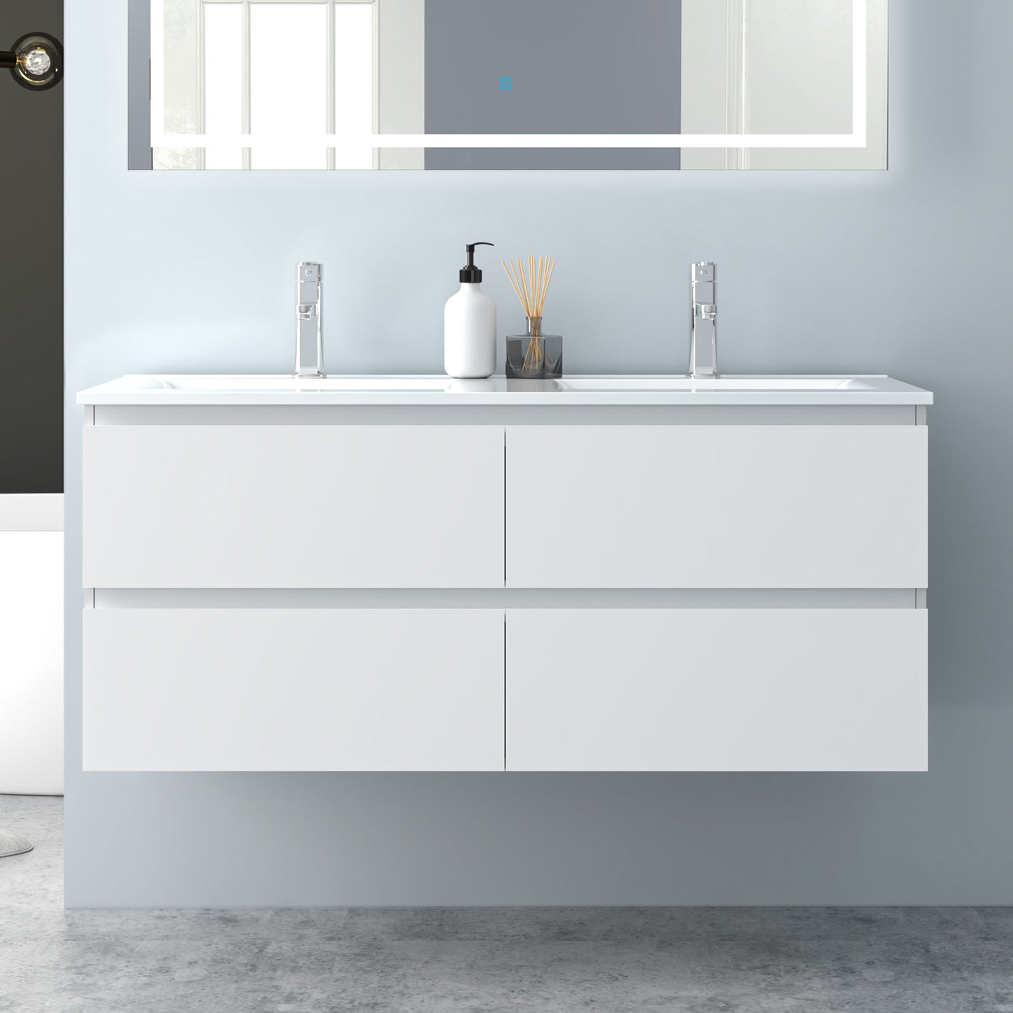 Glossy Vanity Unit, Wall Mounted, Detachable, Soft Close, Two/Four Drawer + Write Ceramic Basin