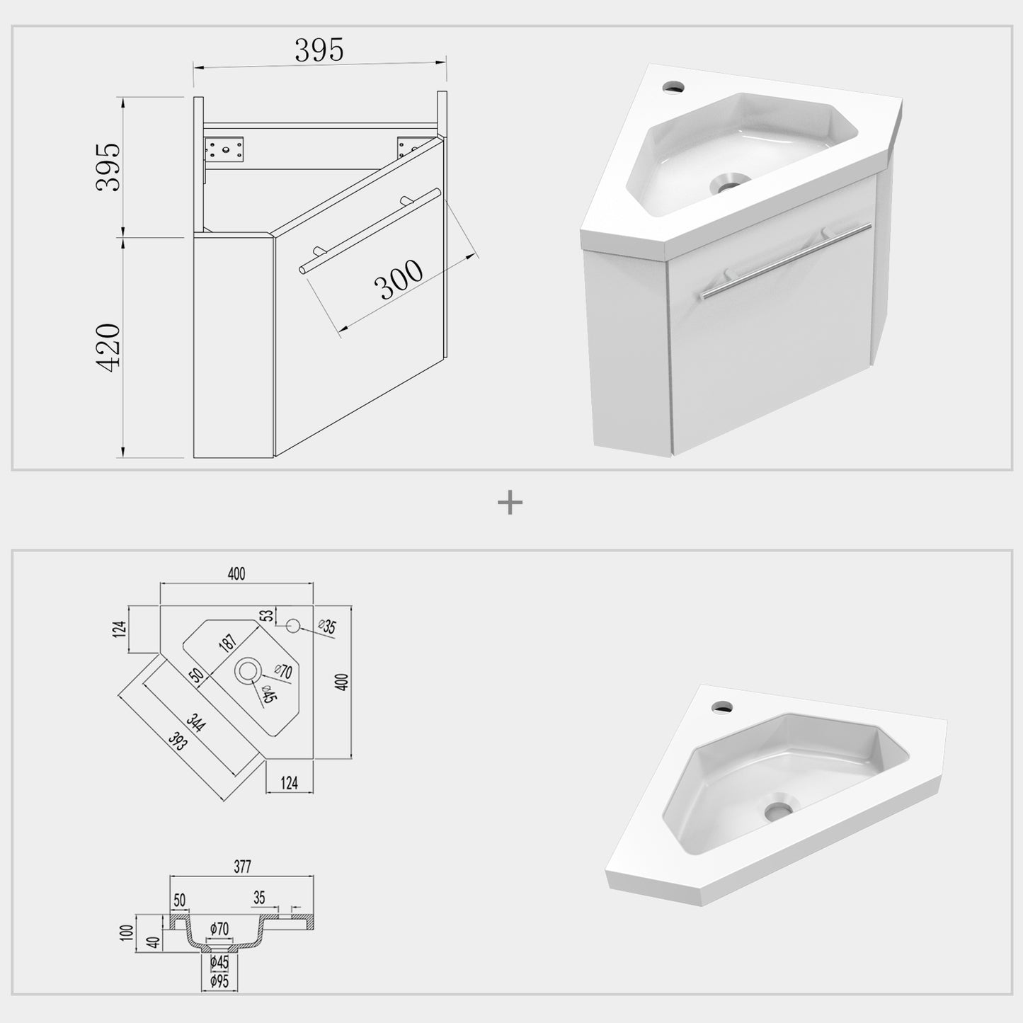 400mm Cloakroom Bathroom Corner Vanity Unit under Basin with Door Small