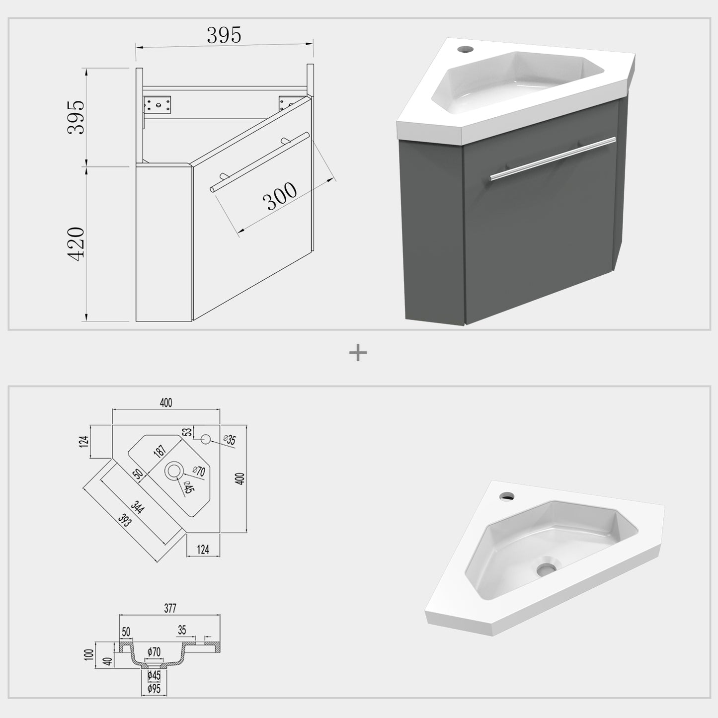 400mm Cloakroom Bathroom Corner Vanity Unit under Basin with Door Small