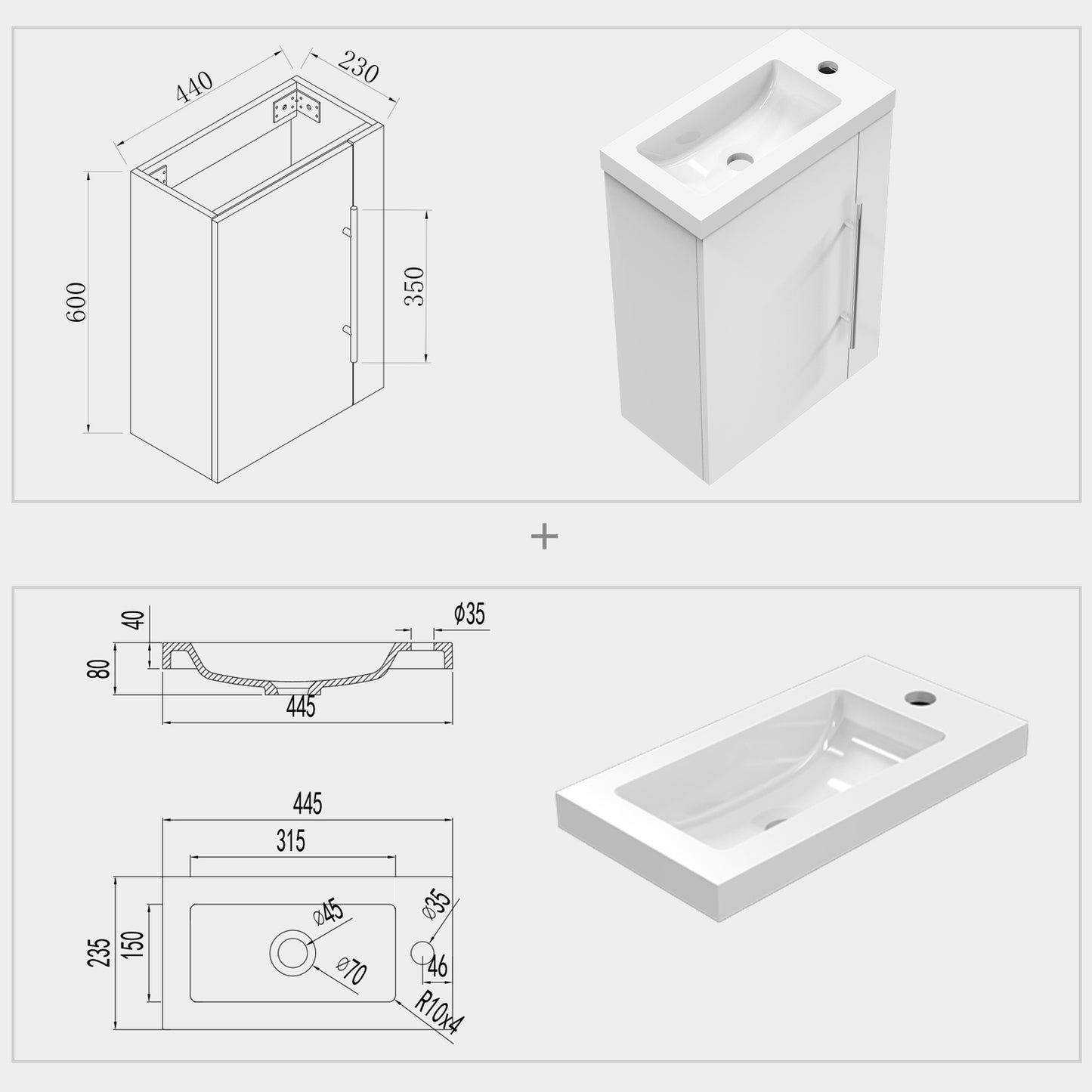 Cloakroom Bathroom Vanity Unit Wall Hung Compact Basin Door Unit 440mm