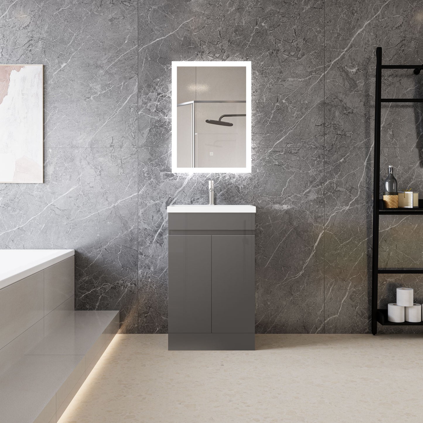 High Gloss MDF Vanity Unit, Floorstanding, Detachable, Soft Close, Dual-door + Write Artificial stone Basin
